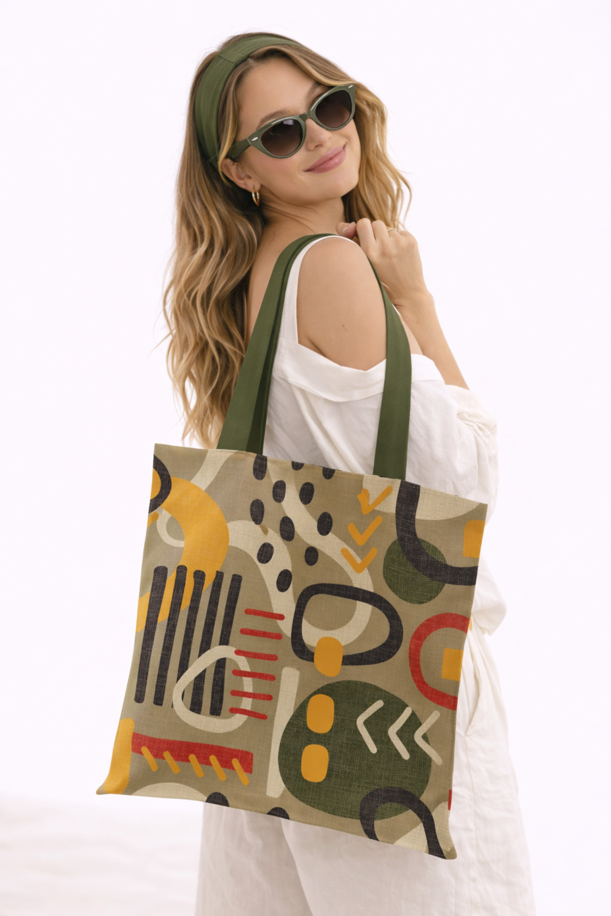 Ays Home Khaki Abstract Pattern Printed Zippered Cloth Beach Shopping Bag