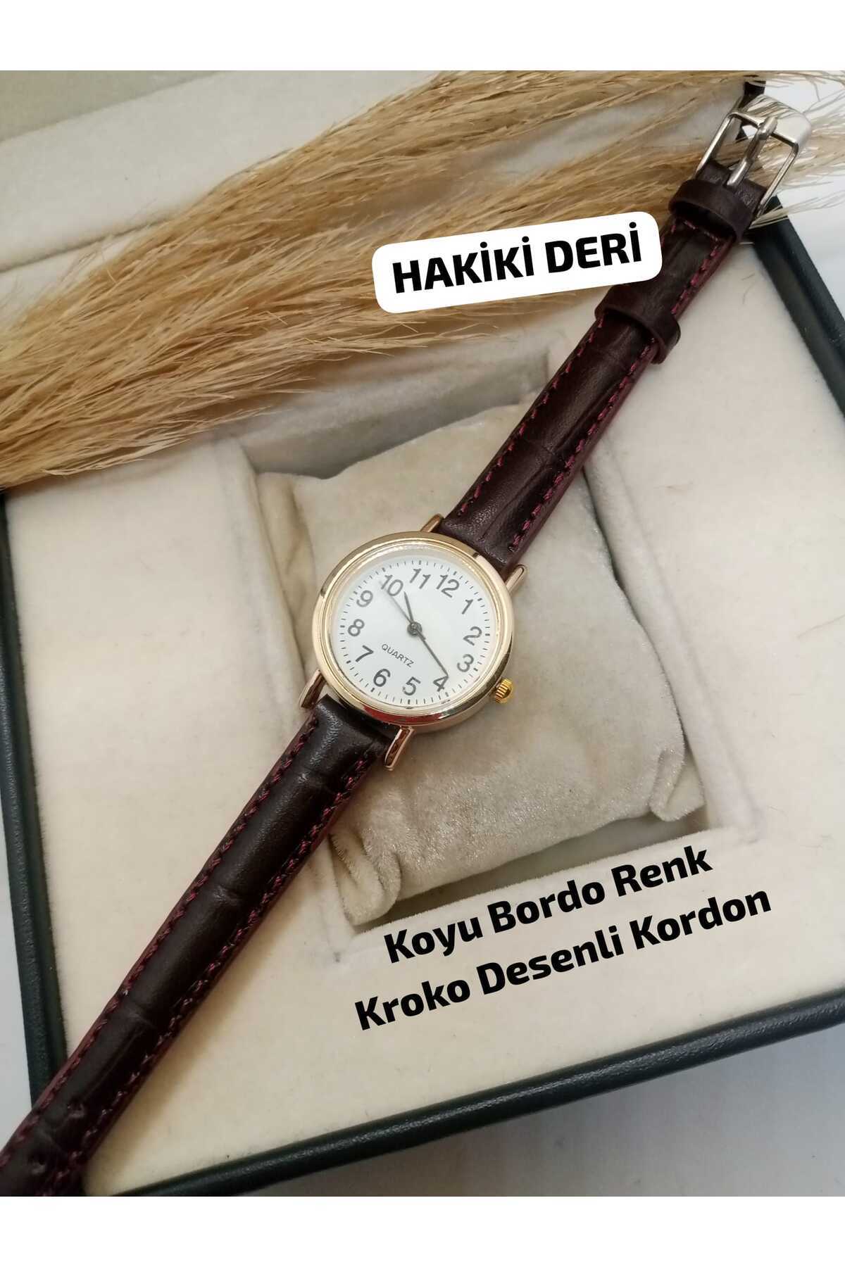 Vintage Design - (GENUINE LEATHER) - Women's Round Watch with BURGUNDY Color Croco Pattern Strap