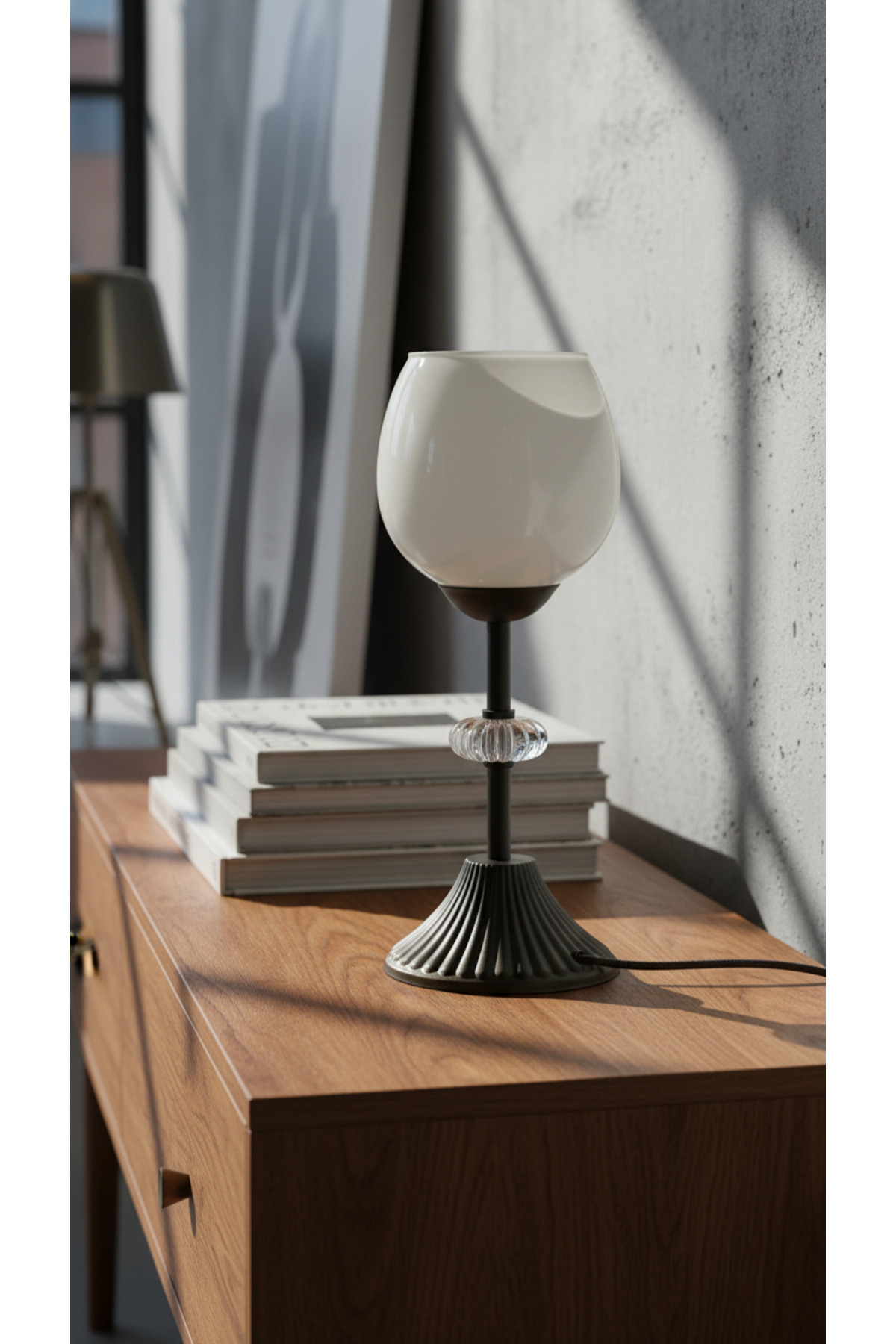 Black Metal Tulip Model Table Lamp with Conical Leg White Bright Color Glass Hat