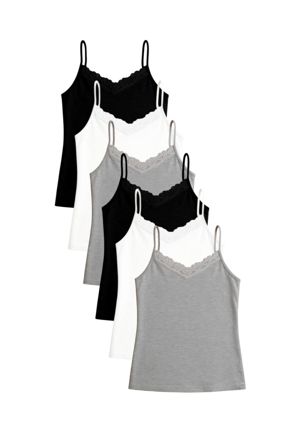 ExLove  6'lı Dantelli Penye İp Askılı Atlet