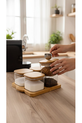 Rodiya Home Bambu Kapaklı 4'lü Vakumlu Cam Çok Amaçlı Kahvaltılık Çerezlik Seti