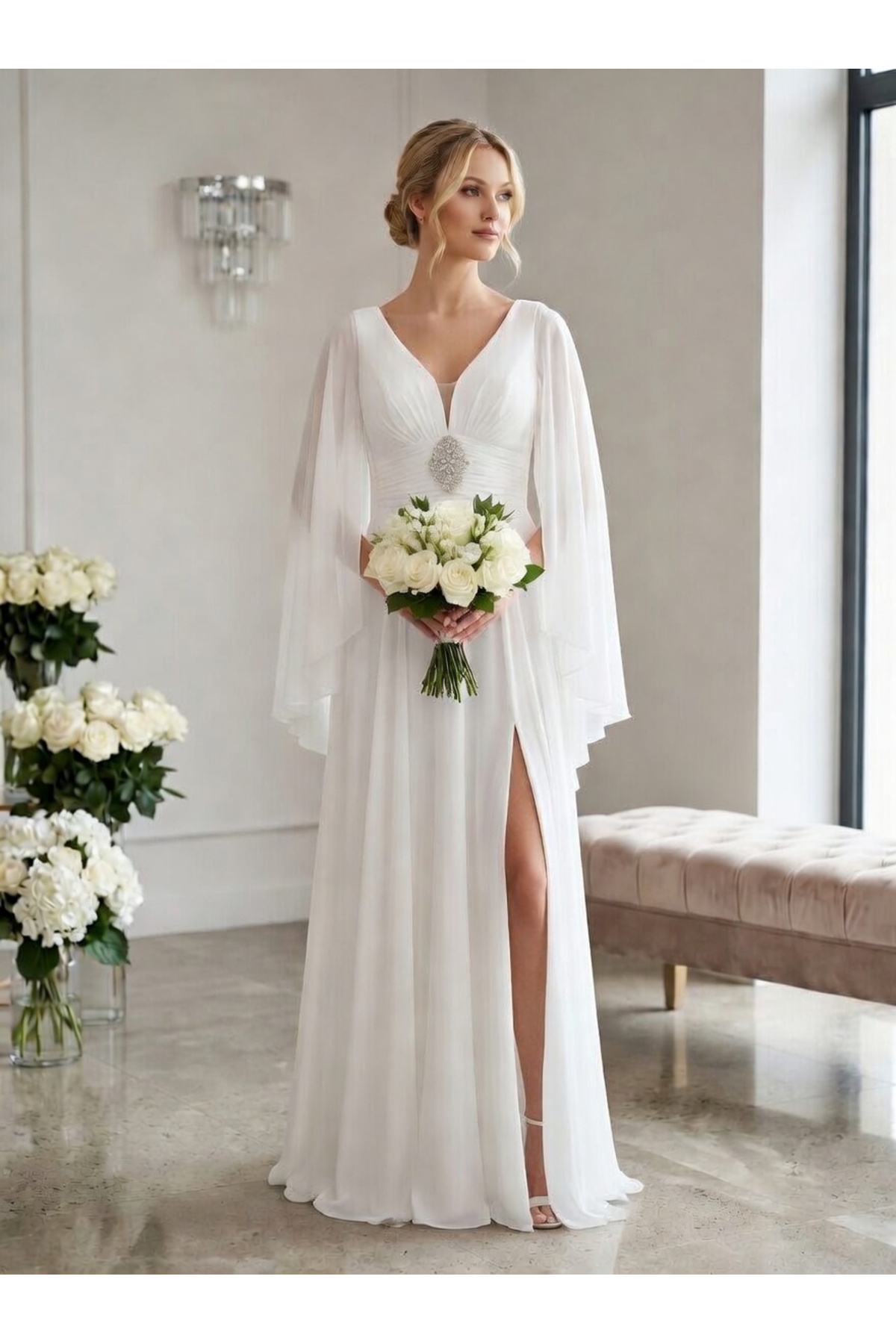 FaBe Fashion PELERİN KOLLU BELİ TAŞ AKSESUARLI DRAPELİ KALP YAKA BEYAZ ŞİFON Nikah Nişan ve Dış Çekim Elbisesi görsel 2