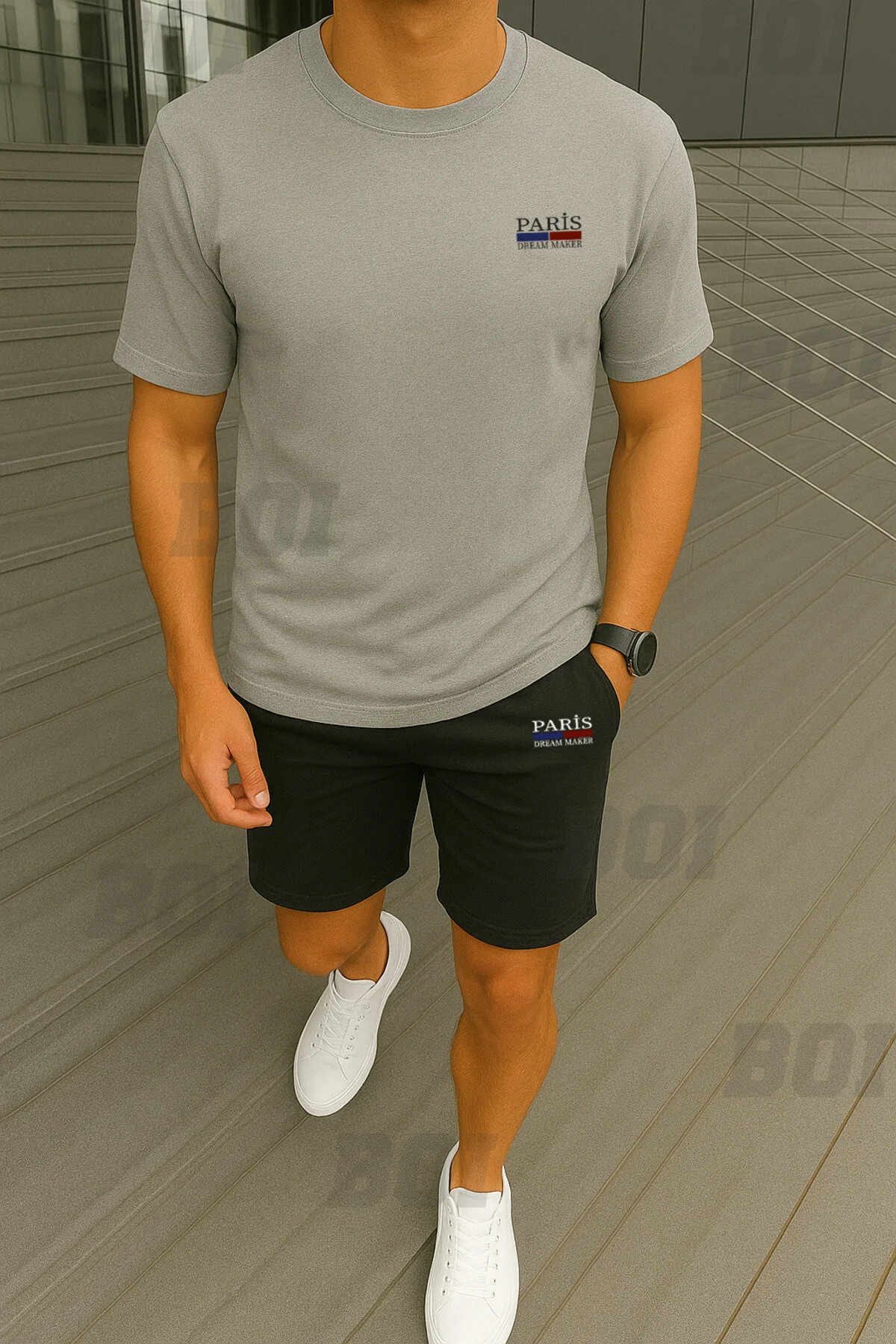 Men's Minimal Paris Dream Maker T-Shirt Shorts - White Black Shorts T-Shirt Bottom Top Set Crew Neck