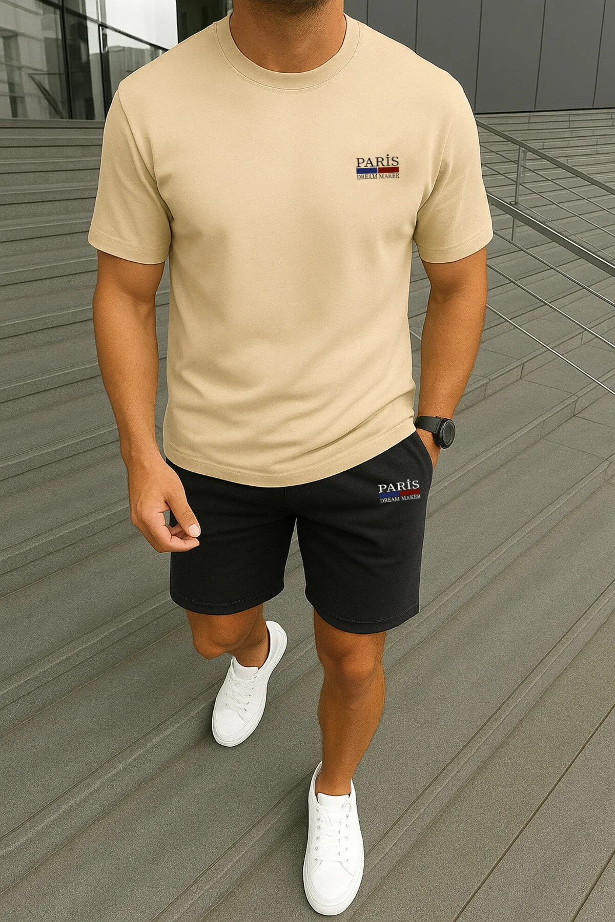 Men's Minimal Paris Dream Maker T-Shirt Shorts - White Black Shorts T-Shirt Bottom Top Set Crew Neck
