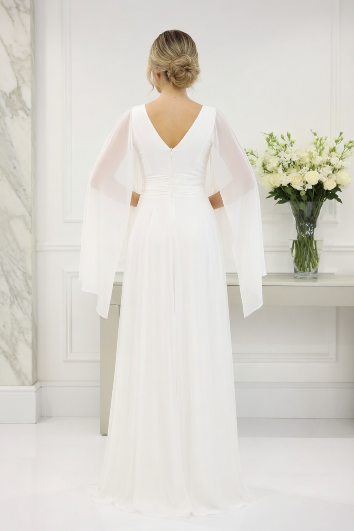 FaBe Fashion PELERİN KOLLU BELİ TAŞ AKSESUARLI DRAPELİ KALP YAKA BEYAZ ŞİFON Nikah Nişan ve Dış Çekim Elbisesi görsel 7
