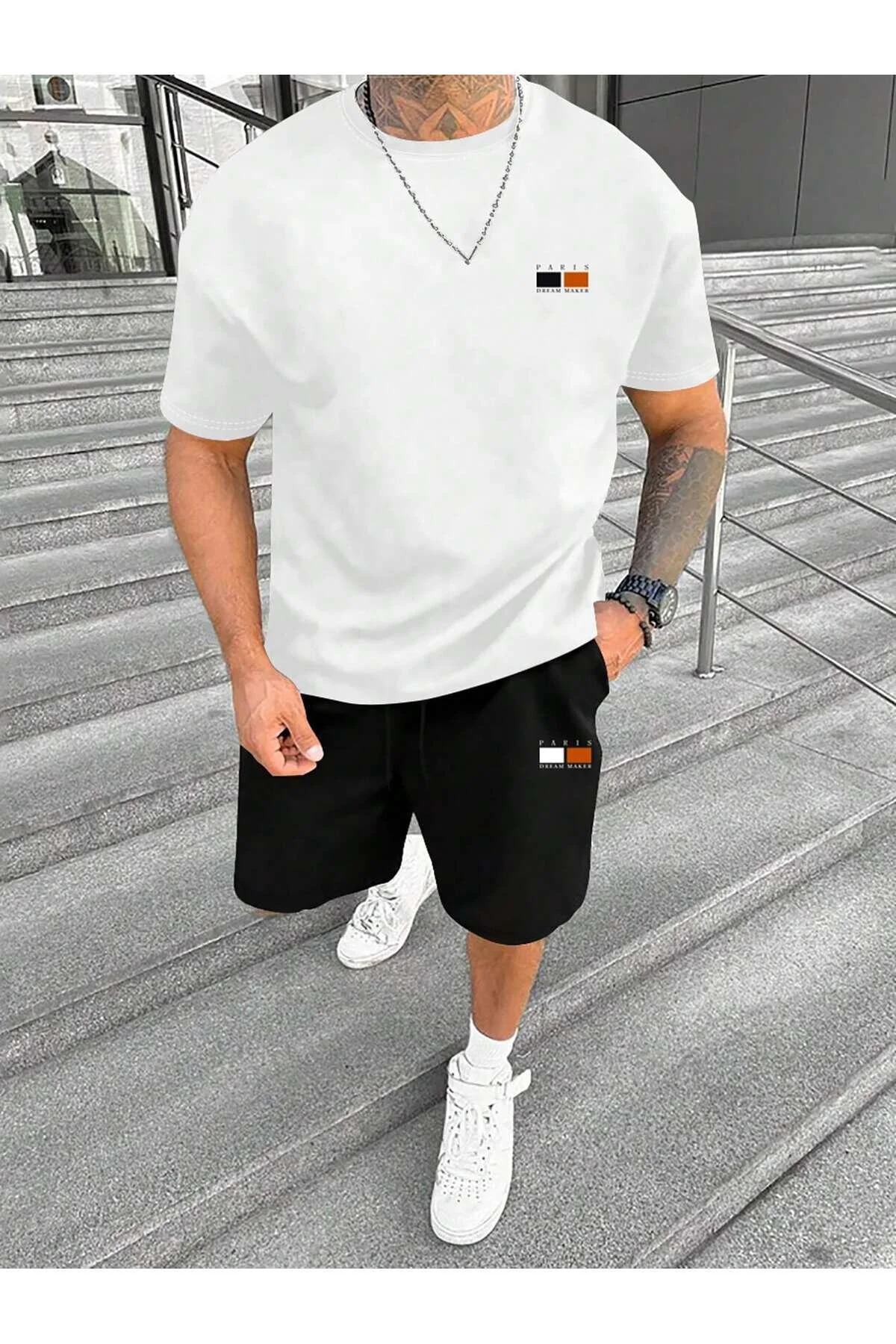 Men's Minimal Paris Dream Maker T-Shirt Shorts - White Black Shorts T-Shirt Bottom Top Set Crew Neck