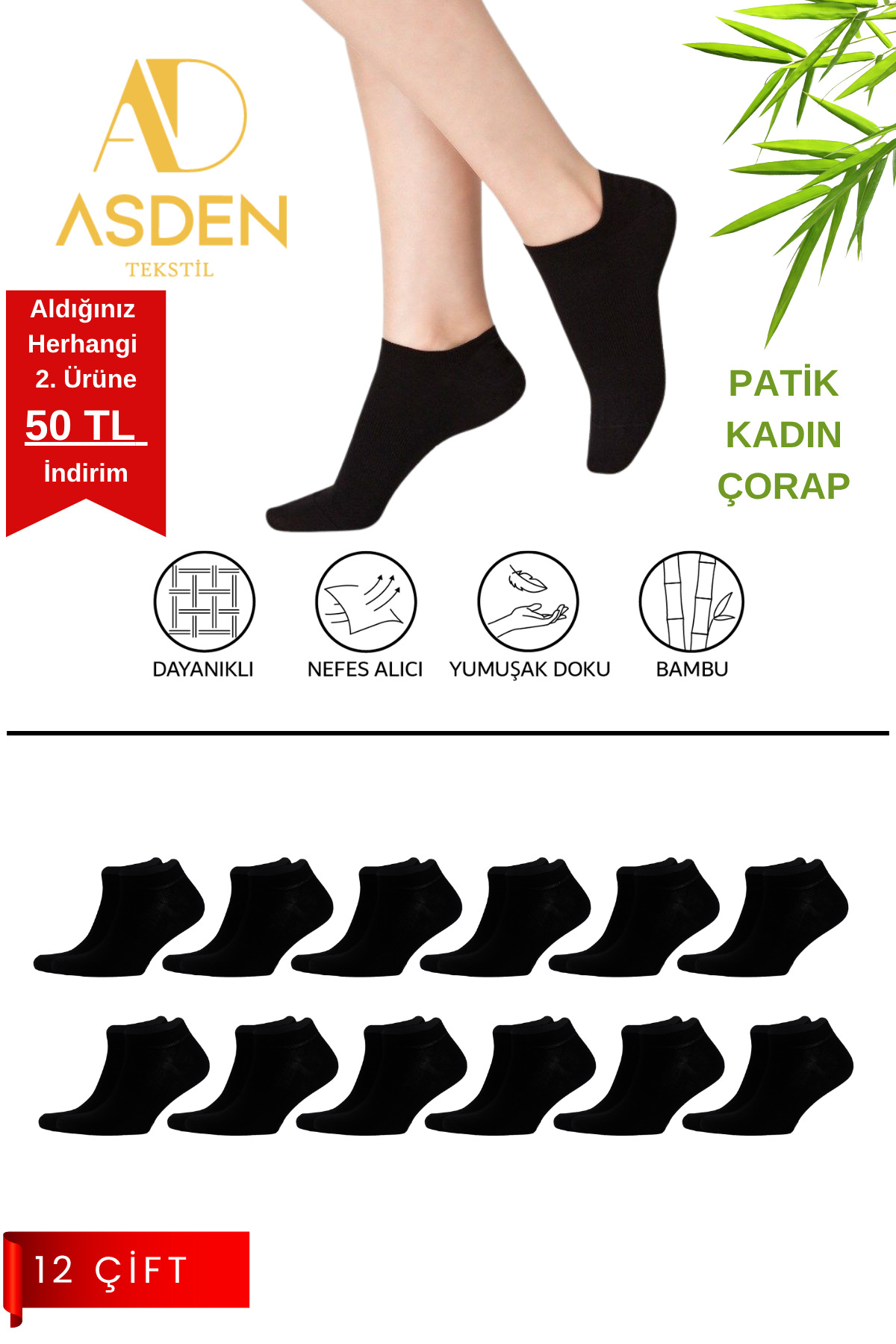 Bamboo Women's Booties Socks 12pcs Black, Seamless, Washable, Soft Premium