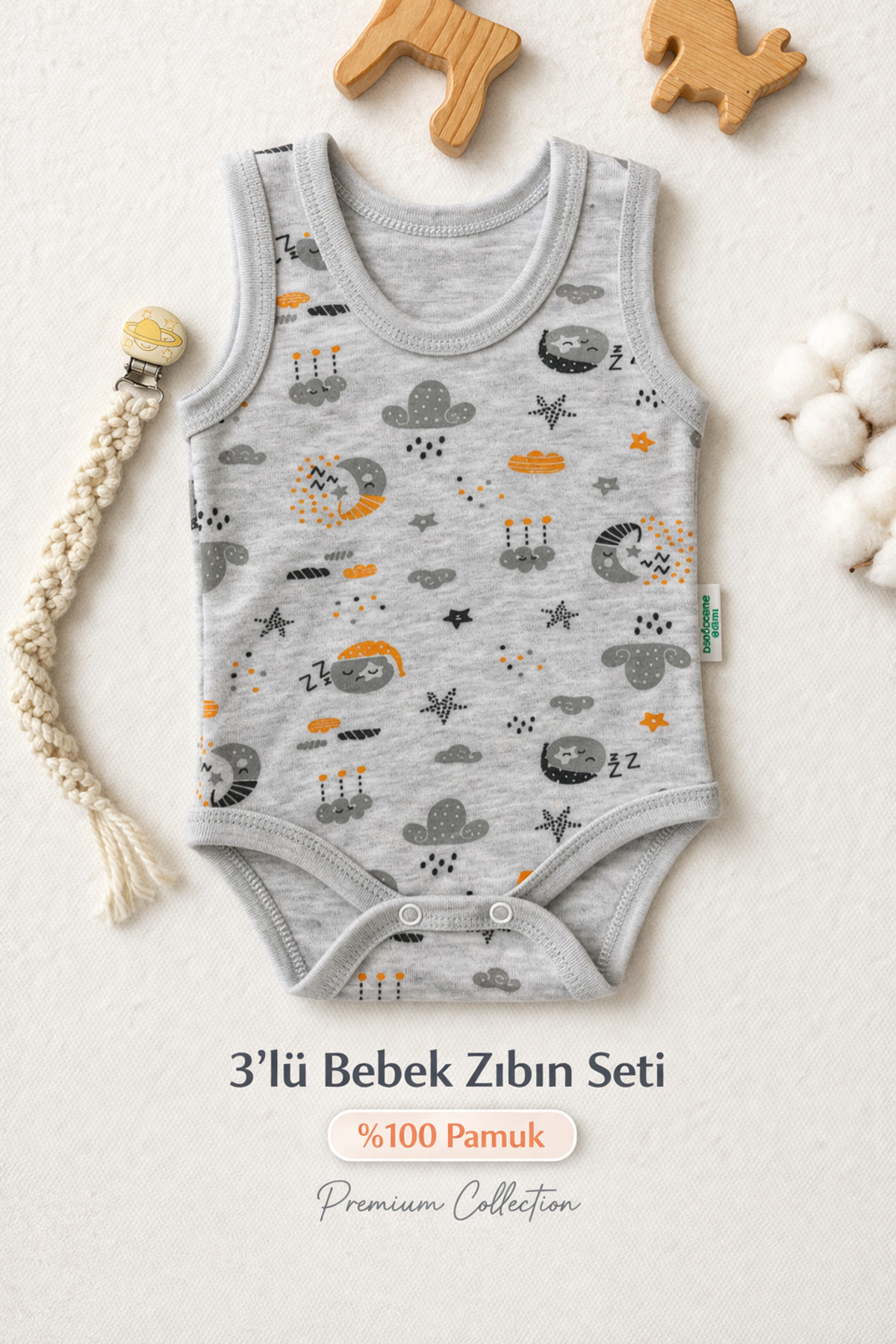 Vivolas Bebek Çıtçıtlı Body Desenli %100 Organik Pamuklu 3'Lü Askılı Zıbın Erkek Bebek & Çocuk 0-4 Yaş fotoğrafı 4 (önizleme)