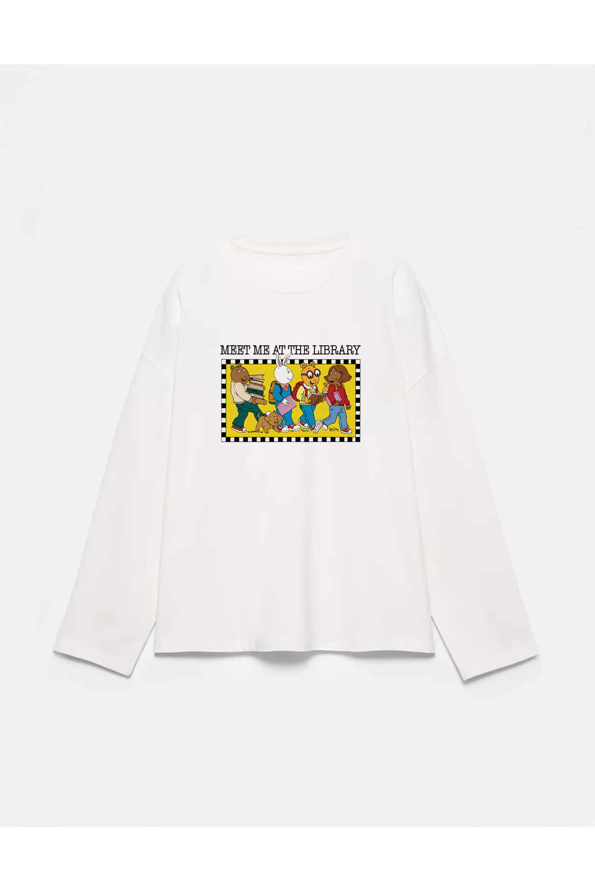 Disante  %100 Pamuk Oversize Fit Meet Me at the Library Baskılı - Bisiklet Yaka Uzun Kollu T-shirt - Görsel 3