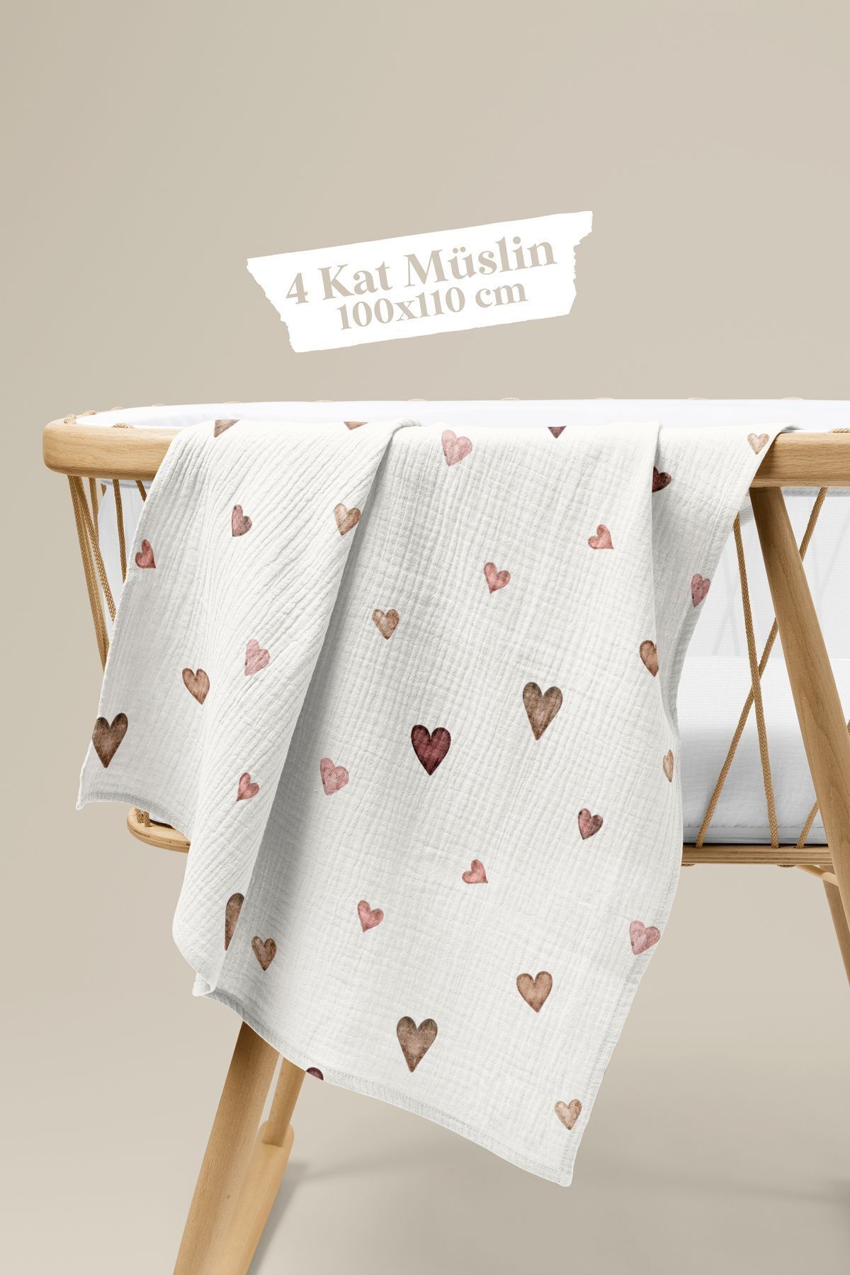 fevale 4 Kat Müslin Örtü - Kahverengi Kalp Desenli Bebek Battaniyesi - Dört Katlı Müslin 100x110 Cm fotoğrafı 4 (önizleme)