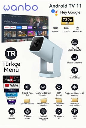 wanbo Cube 1 WiFi ve Bluetooth Özellikli Projektör, Google Sesli Kontrol