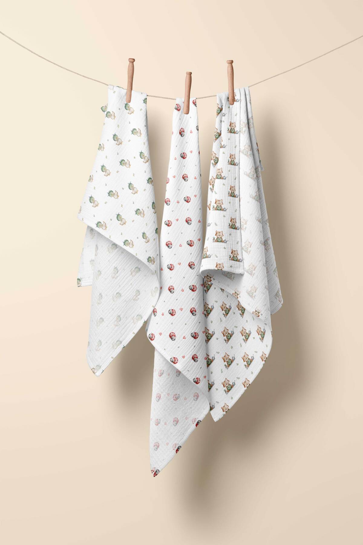 cekic kids 3'lü Set - 2 Katlı Desenli Müslin Bebek Battaniyesi - %100 Pamuk - 80x90 cm fotoğrafı 3 (önizleme)