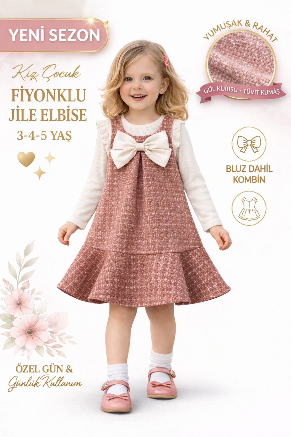 Kuzucuk Kids Bebek Çocuk Butik kız Çocuk Bayramlık Pembe Tüvit Jile Elbise Bluz Takım Bol Kalıp fotoğrafı 2 (önizleme)