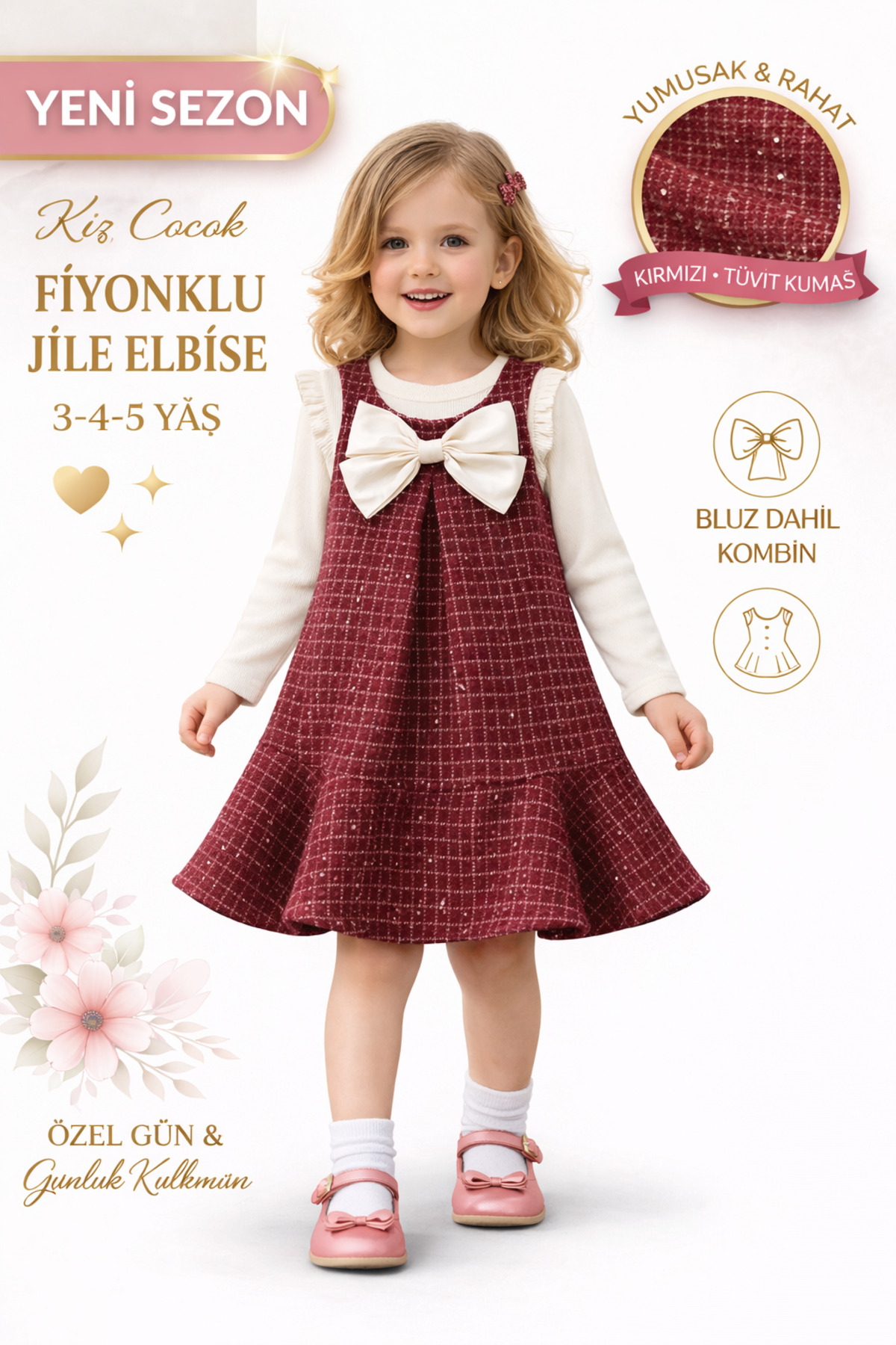 Kuzucuk Kids Bebek Çocuk Butik Kız Çocuk Bayramlık Bordo Tüvit Jile Elbise Bluz Takım Bol kalıp fotoğrafı 3 (önizleme)