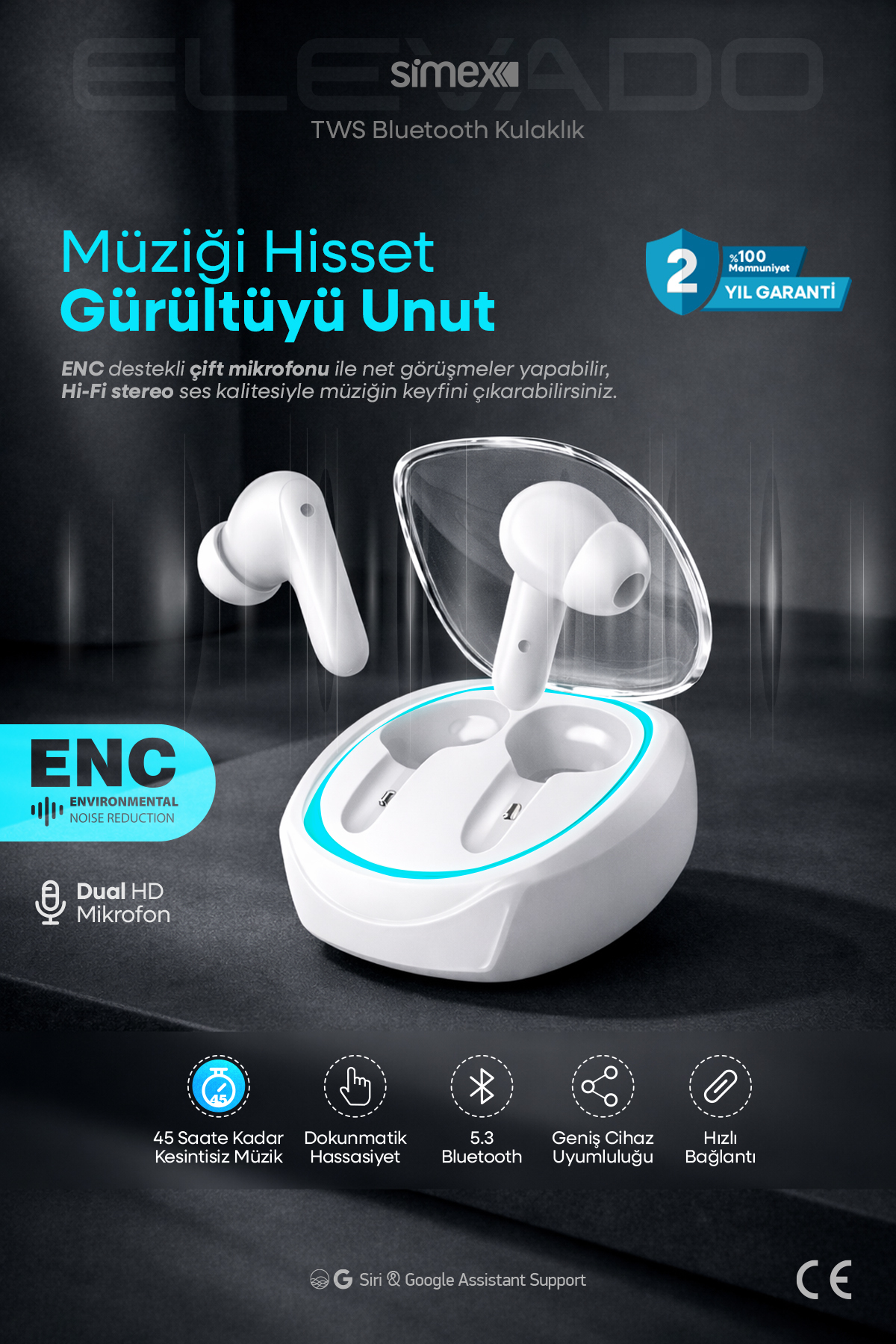 iOS Android Compatible - 5.3 Bluetooth Earbuds - White Elevado with ENC Noise Cancelling Game Mode
