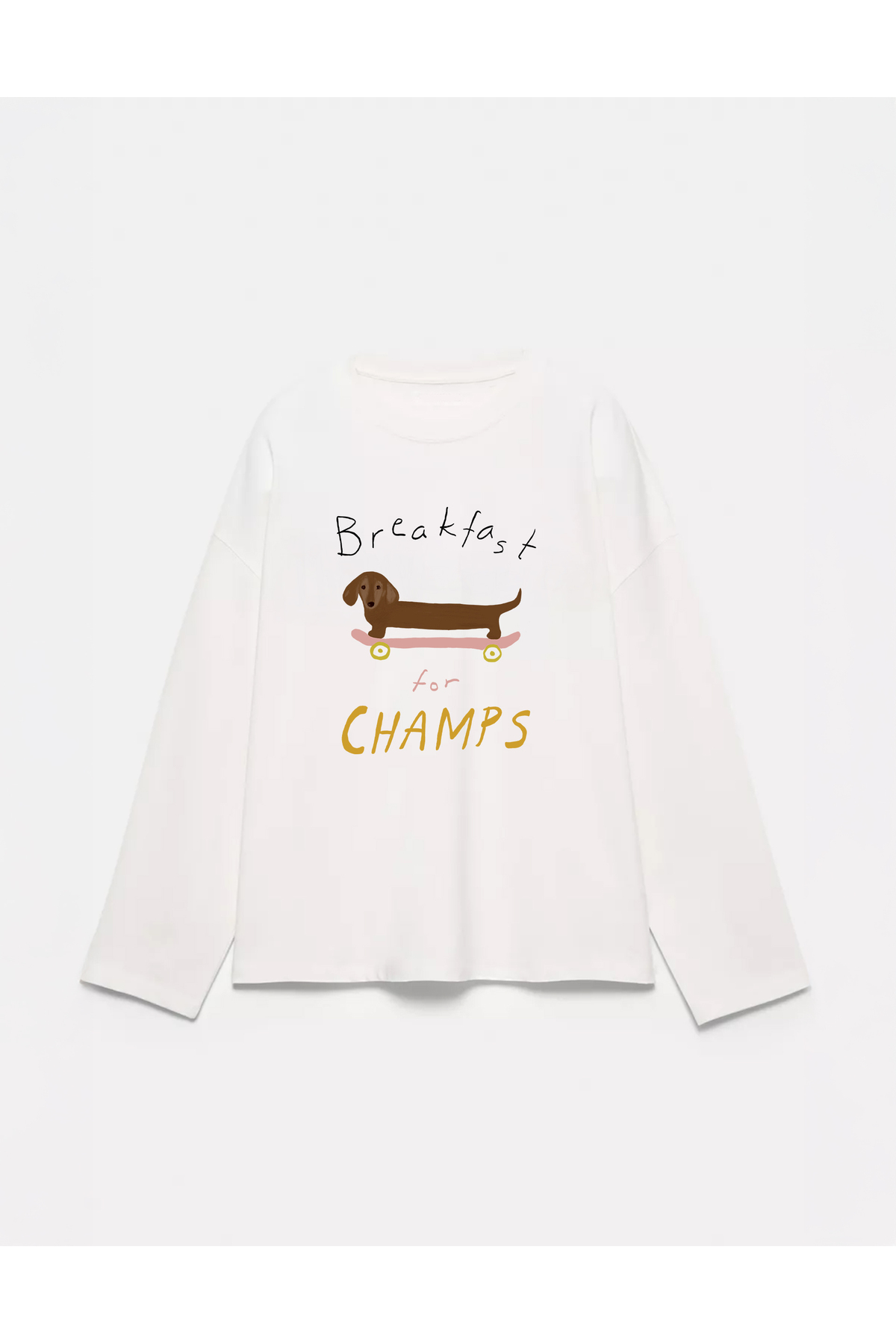 Disante %100 Pamuk Oversize Fit Breakfast Champs Baskılı - Bisiklet Yaka Uzun Kollu T-shirt