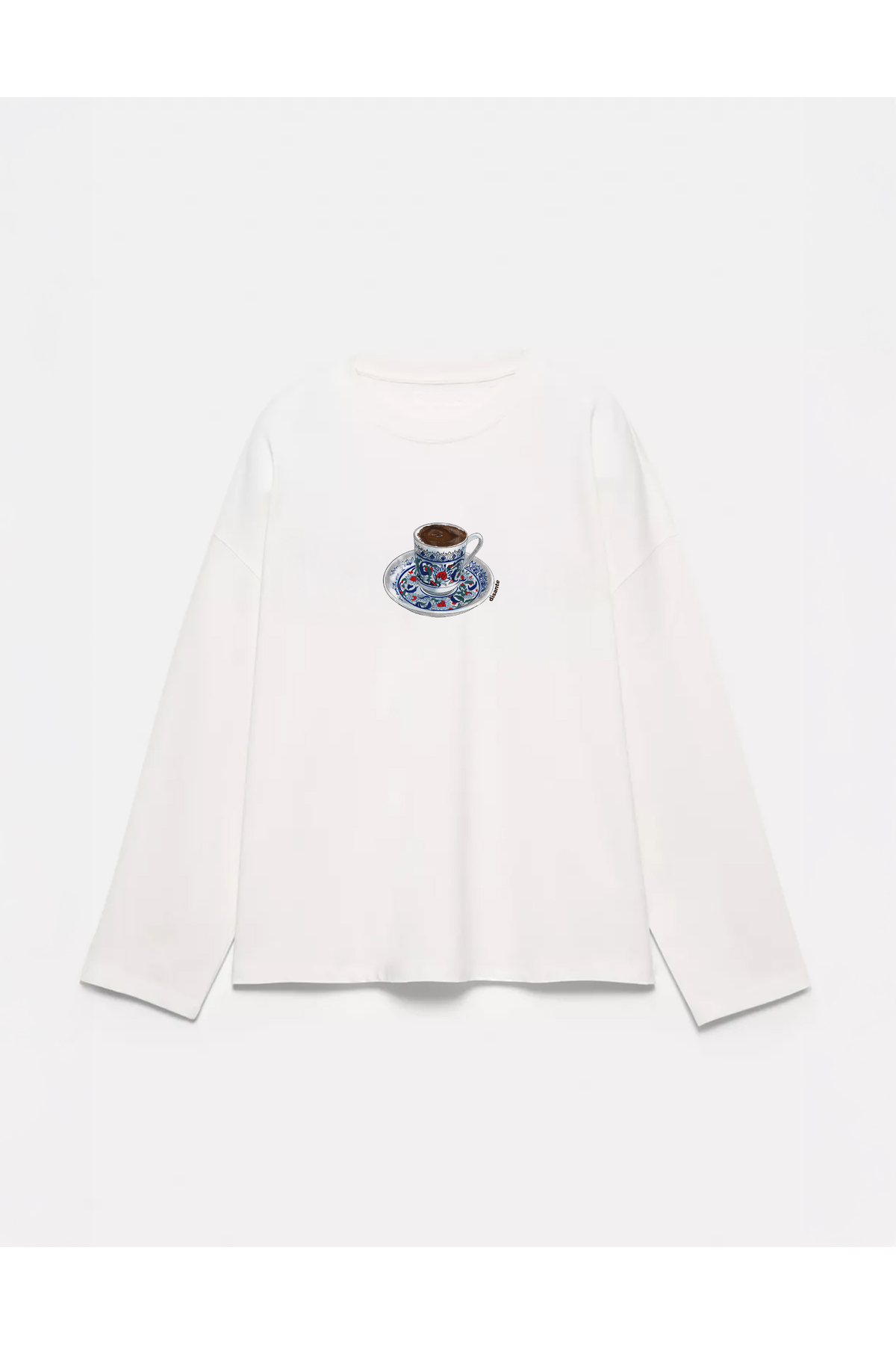 Disante  %100 Pamuk Oversize Fit Turkish Coffee 2 Baskılı - Bisiklet Yaka Uzun Kollu T-shirt