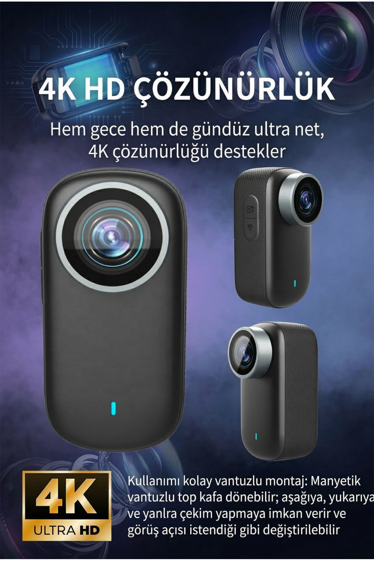 4K Ultra HD Su Geçirmez Aksiyon Kamerası - 1080P 30FPS Wi-Fi 30M Su Altı Kask ve Motovlog Kamerası