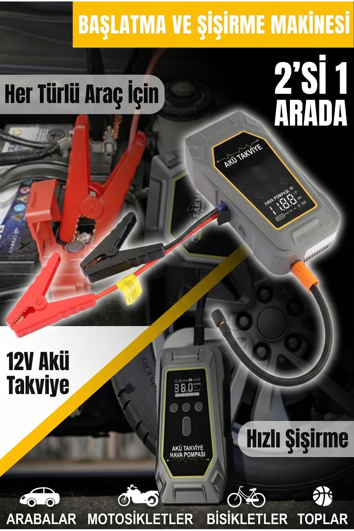 1000 Amper Taşınabilir Araç Akü Takviye Cihazı ve 10.000 Powerbank - 12V Acil Durum Başlatıcı