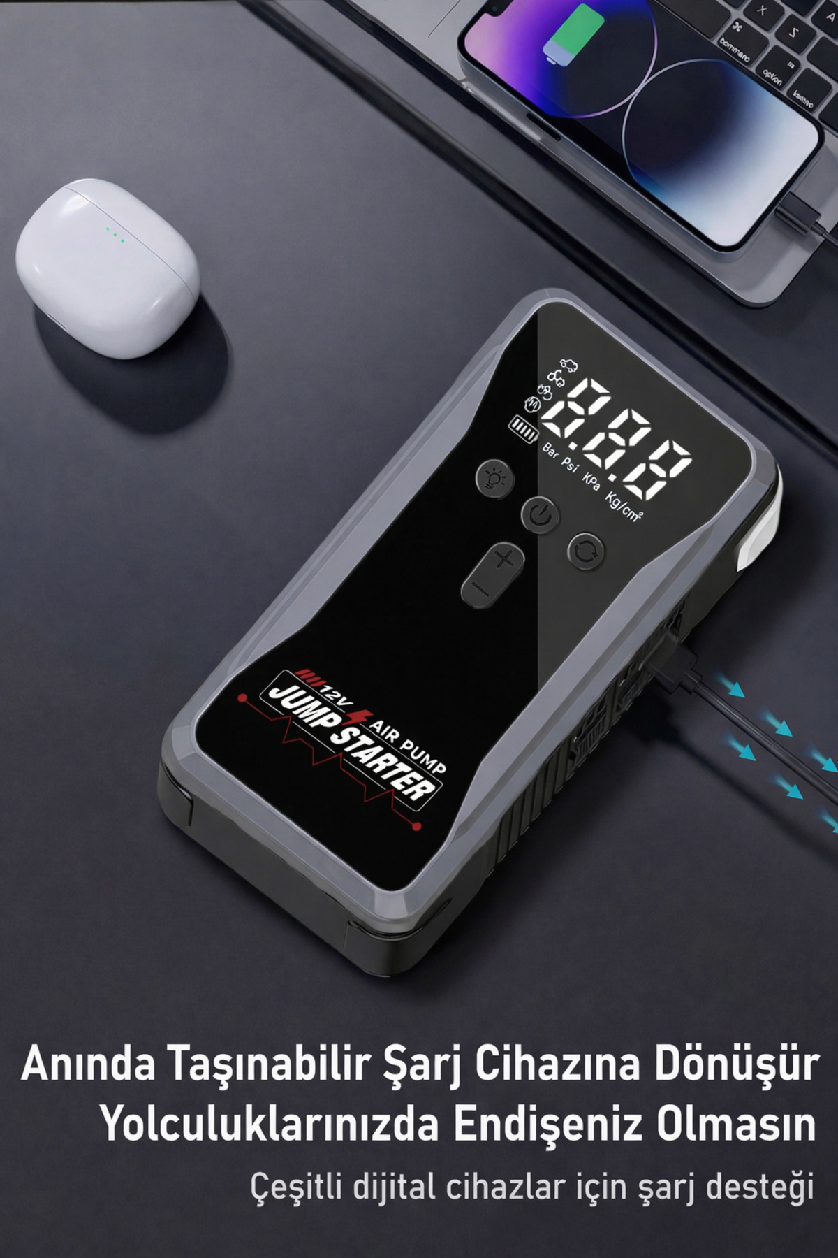 1200A Taşınabilir Araç Akü Takviye ve Şarj Cihazı + Powerbank + Kompresör Lastik Şişirme - 12V Çıkış