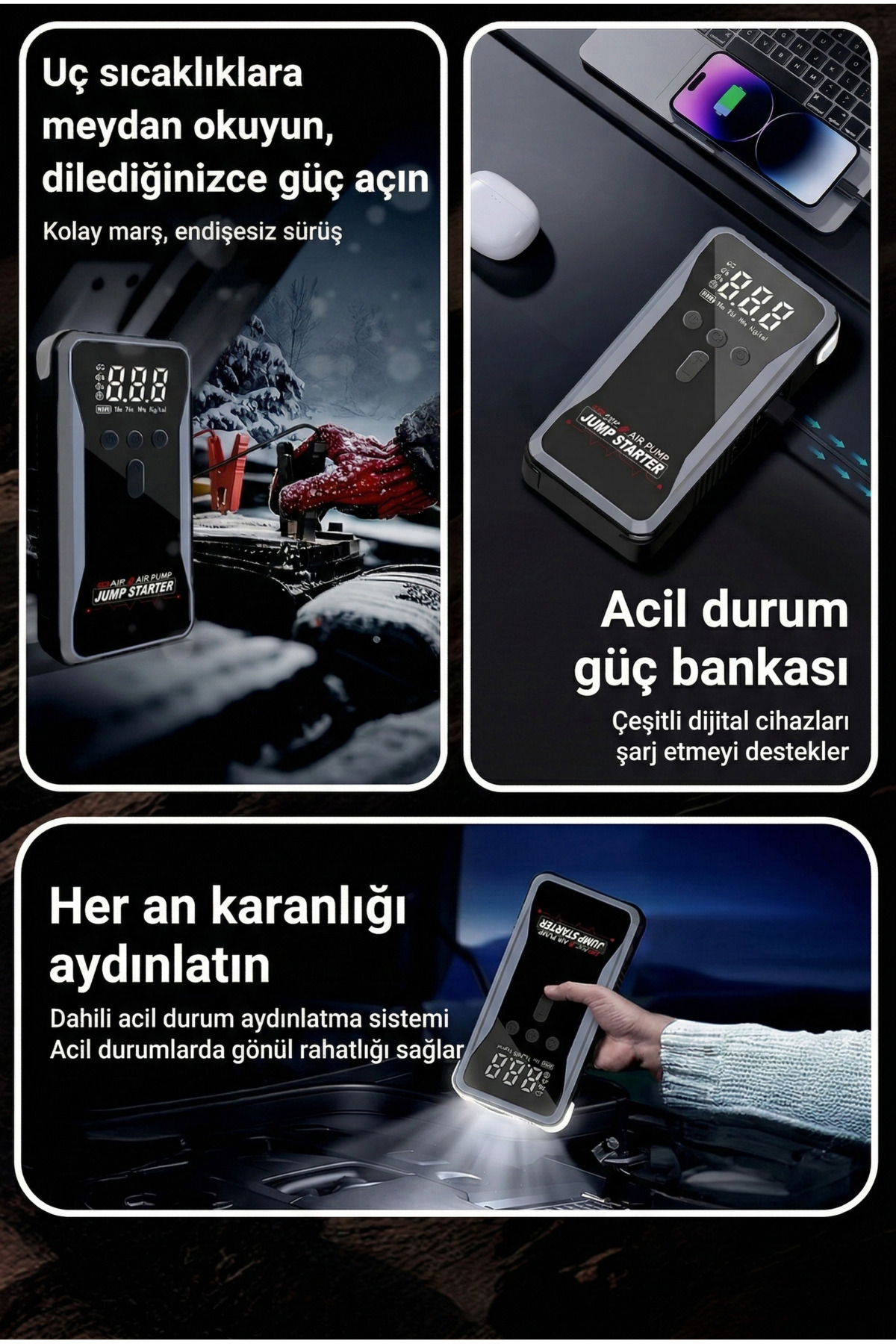 1200A Taşınabilir Araç Akü Takviye ve Şarj Cihazı + Powerbank + Kompresör Lastik Şişirme - 12V Çıkış