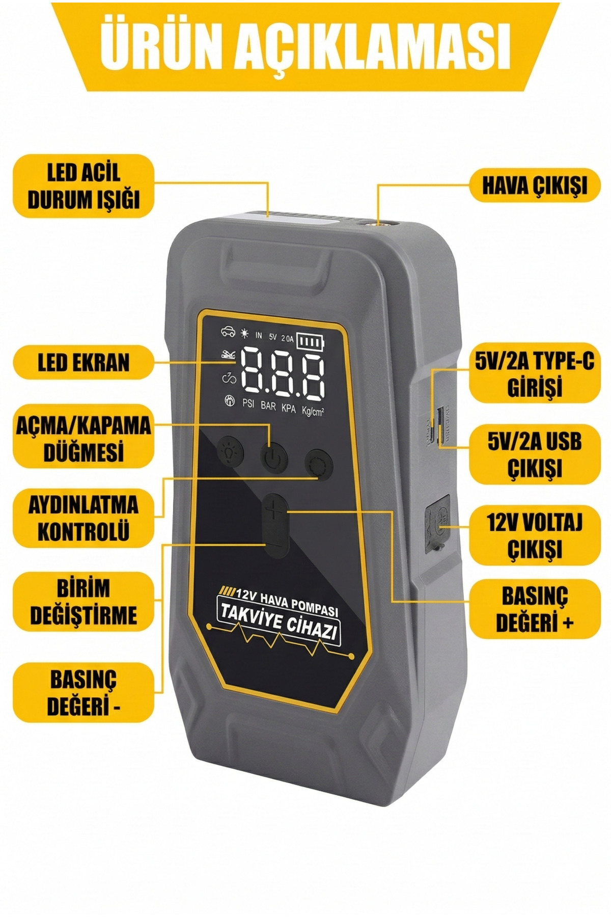 1000 Amper Taşınabilir Araç Akü Takviye Cihazı ve 10.000 Powerbank - 12V Acil Durum Başlatıcı