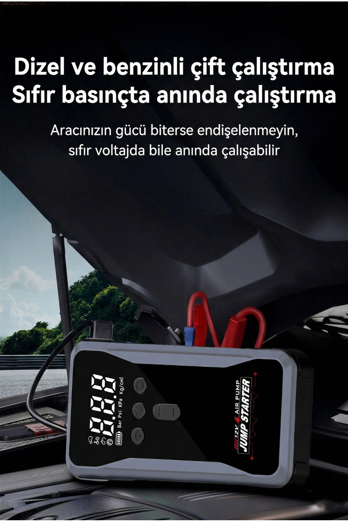 1200A Taşınabilir Araç Akü Takviye ve Şarj Cihazı + Powerbank + Kompresör Lastik Şişirme - 12V Çıkış