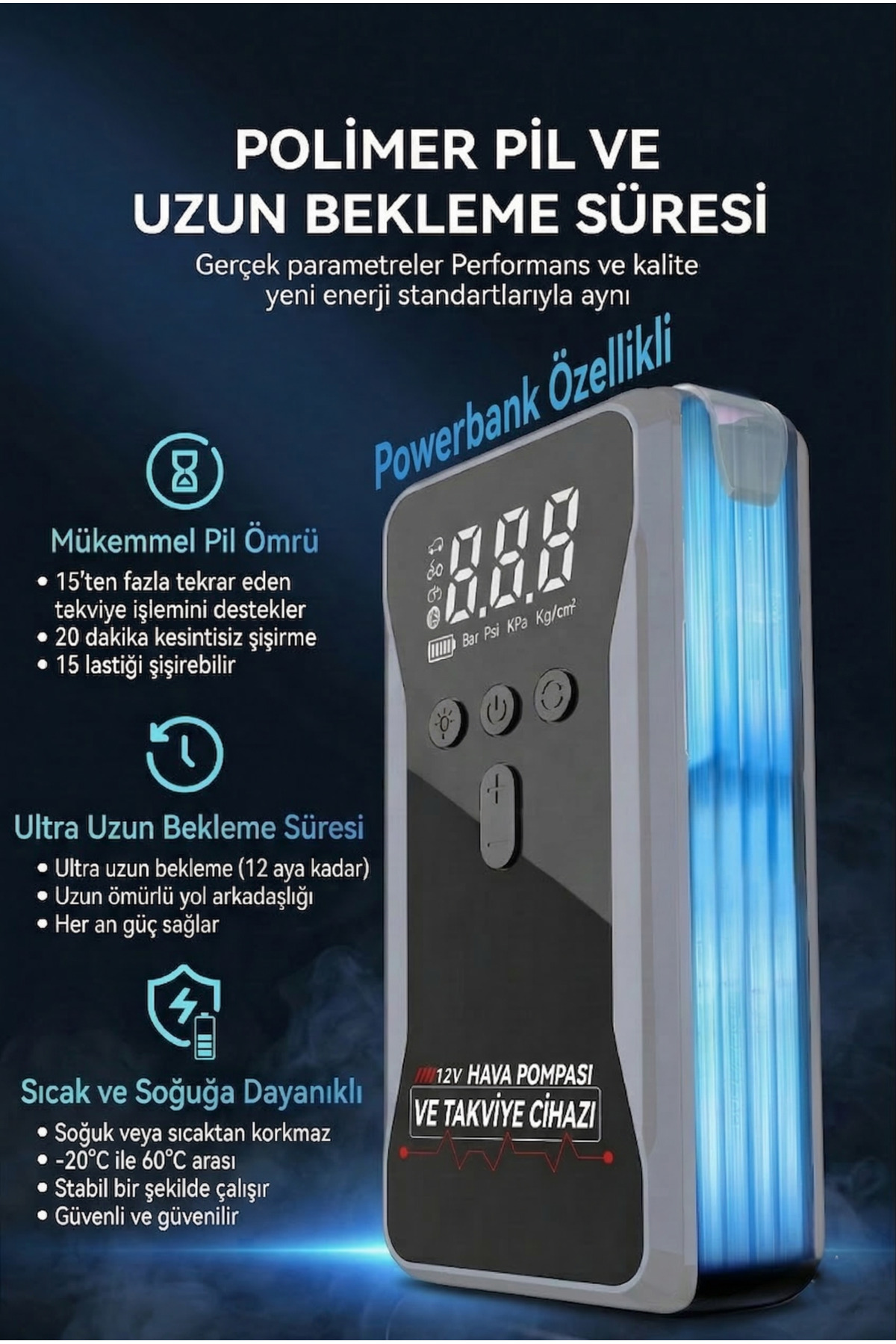 1200A Taşınabilir Araç Akü Takviye ve Şarj Cihazı + Powerbank + Kompresör Lastik Şişirme - 12V Çıkış