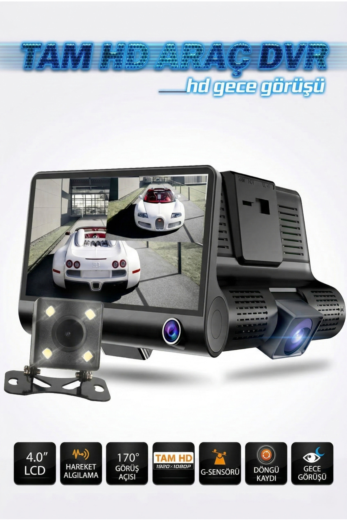 4 inç IPS Ekranlı Full HD Araç İçi Kamera - Gece Görüşlü Çift Kameralı (Ön + Arka) Kayıt Kamera