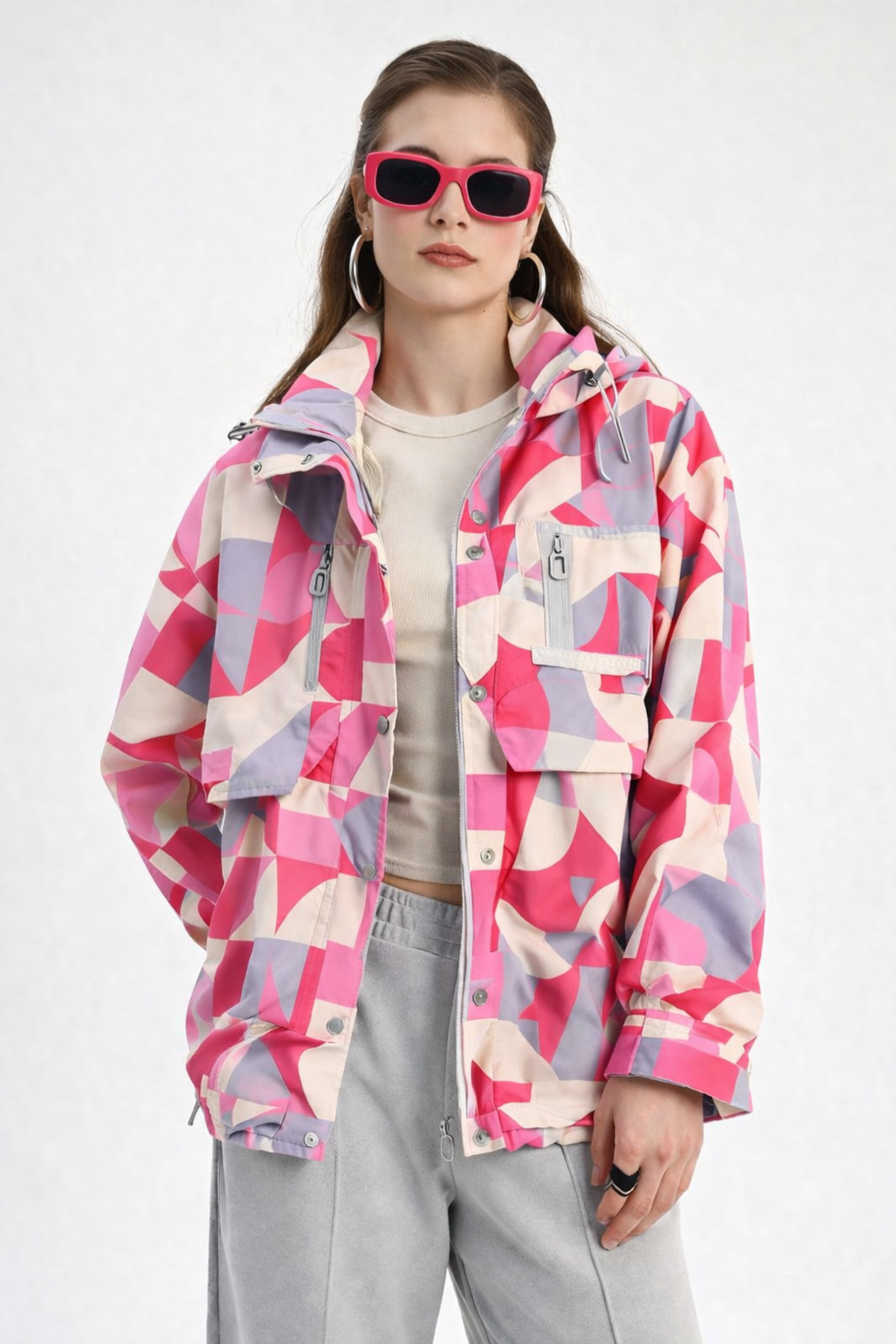 İLKCET MODA  Geometrik Desenli Oversize Kadın Yağmurluk