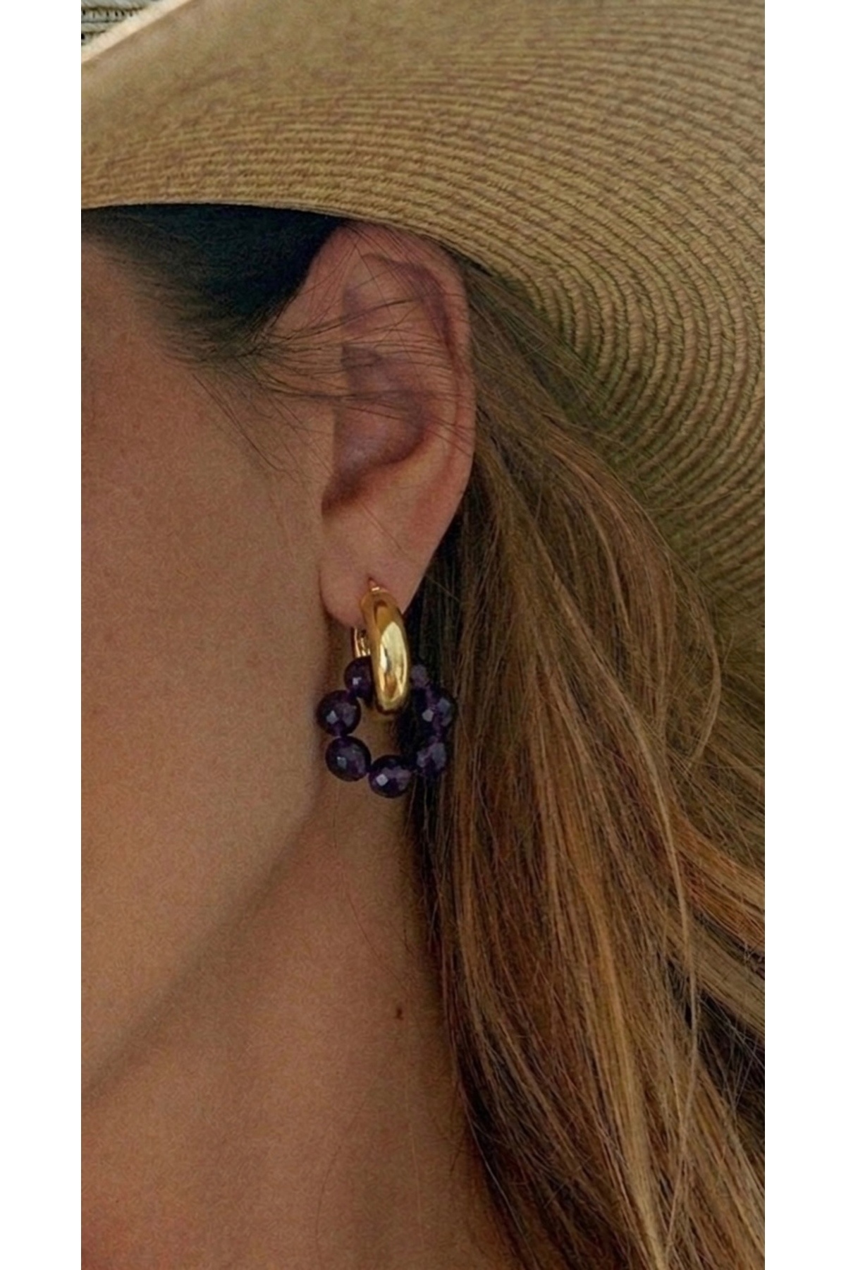 Steel Ring - Natural Stone Earrings ( Inner Diameter 1.5 Cm) Damson