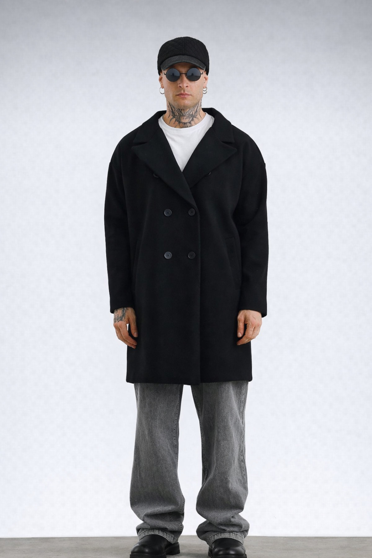 İLKCET MODA Premium Siyah Oversize Erkek Düğmeli Kaşe Kaban — مشکی 56130