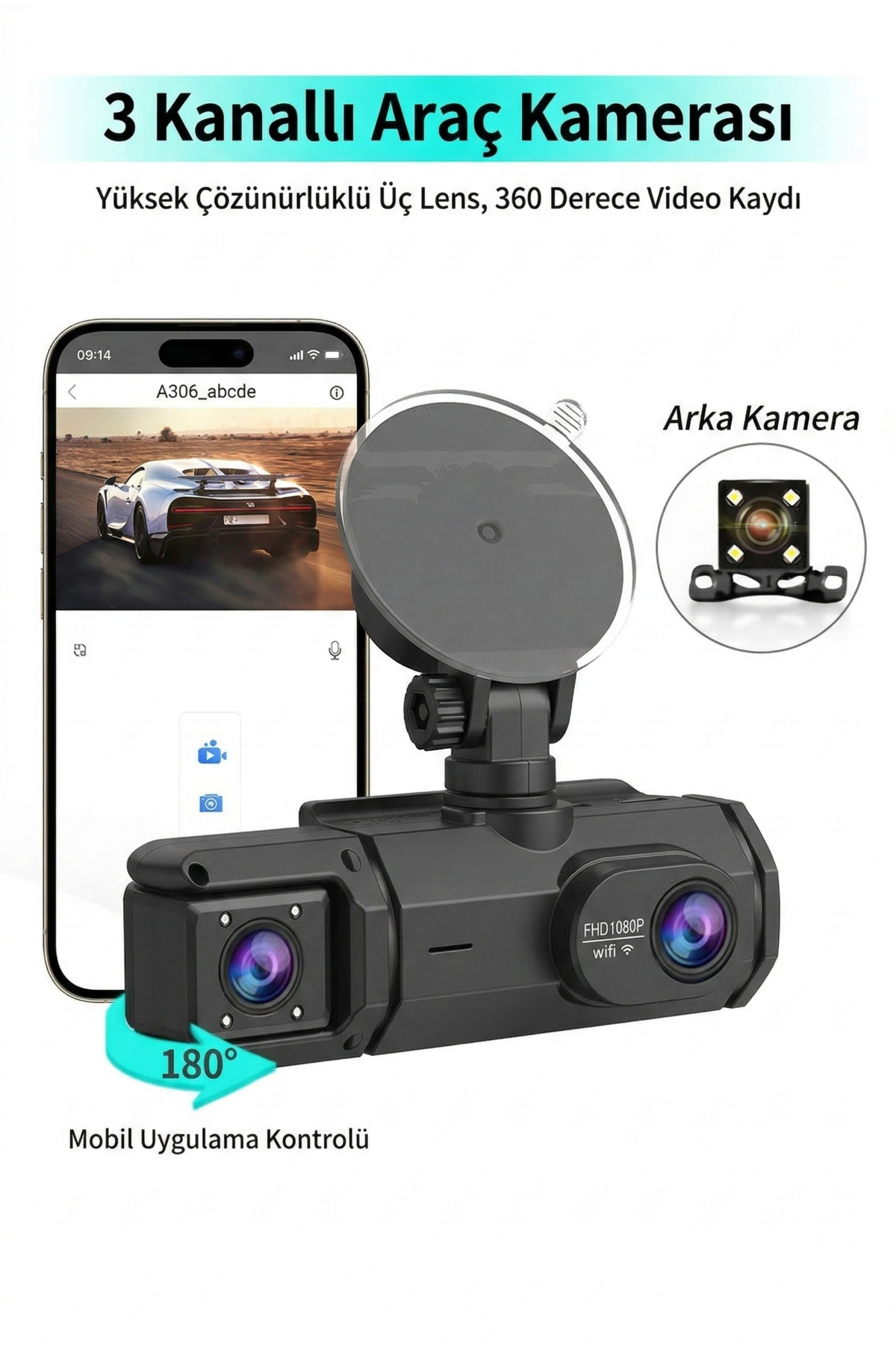 3 Lensli Full HD Wi-Fi Araç İçi Kamera - Ön, İç ve Arka Kamera Kayıtlı Gece Görüşlü Kamera