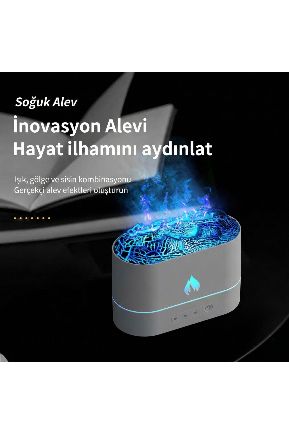 Alev Efektli Volkan Aromaterapi Difüzörü – Ultrasonik Hava Nemlendirici, LED Lava Efekti