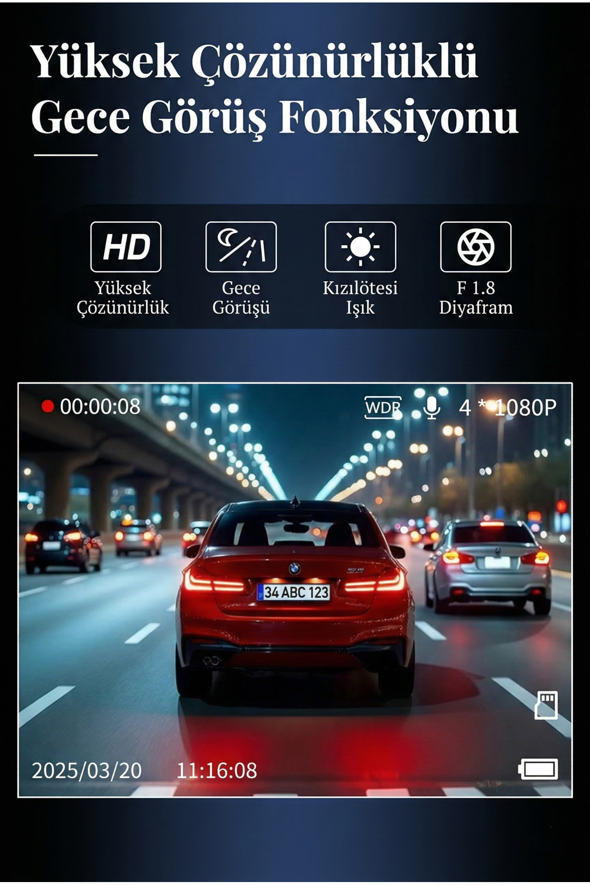 3 Lensli Full HD Wi-Fi Araç İçi Kamera - Ön, İç ve Arka Kamera Kayıtlı Gece Görüşlü Kamera