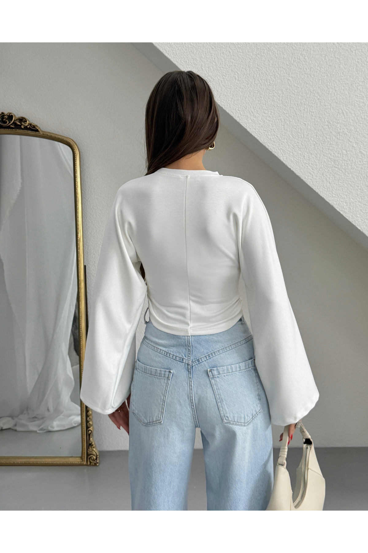 MareandCo  Salaş Kol Bele Oturan Model Bluz -Beyaz - Görsel 6