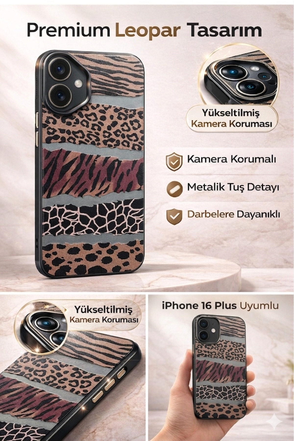 iPhone 16 Plus Uyumlu Kılıf Vintage Leopar Desenli Çizgili Metalik Tuşlu Kamera Çıkıntılı Kapak