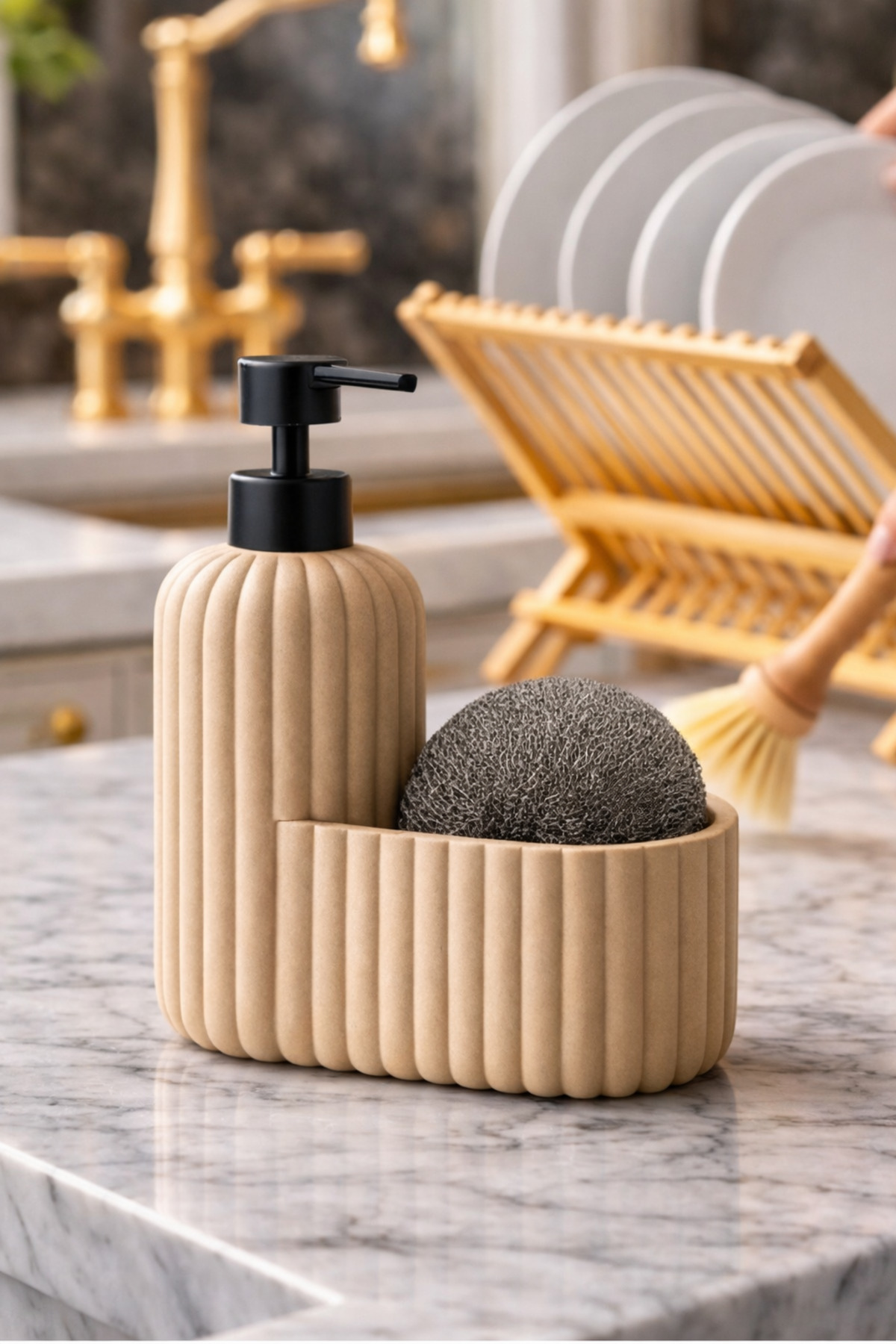 Natural Stone Liquid Soap Dispenser -Sponge Holder Set Kitchen Counter Organizer Stylish and Durable