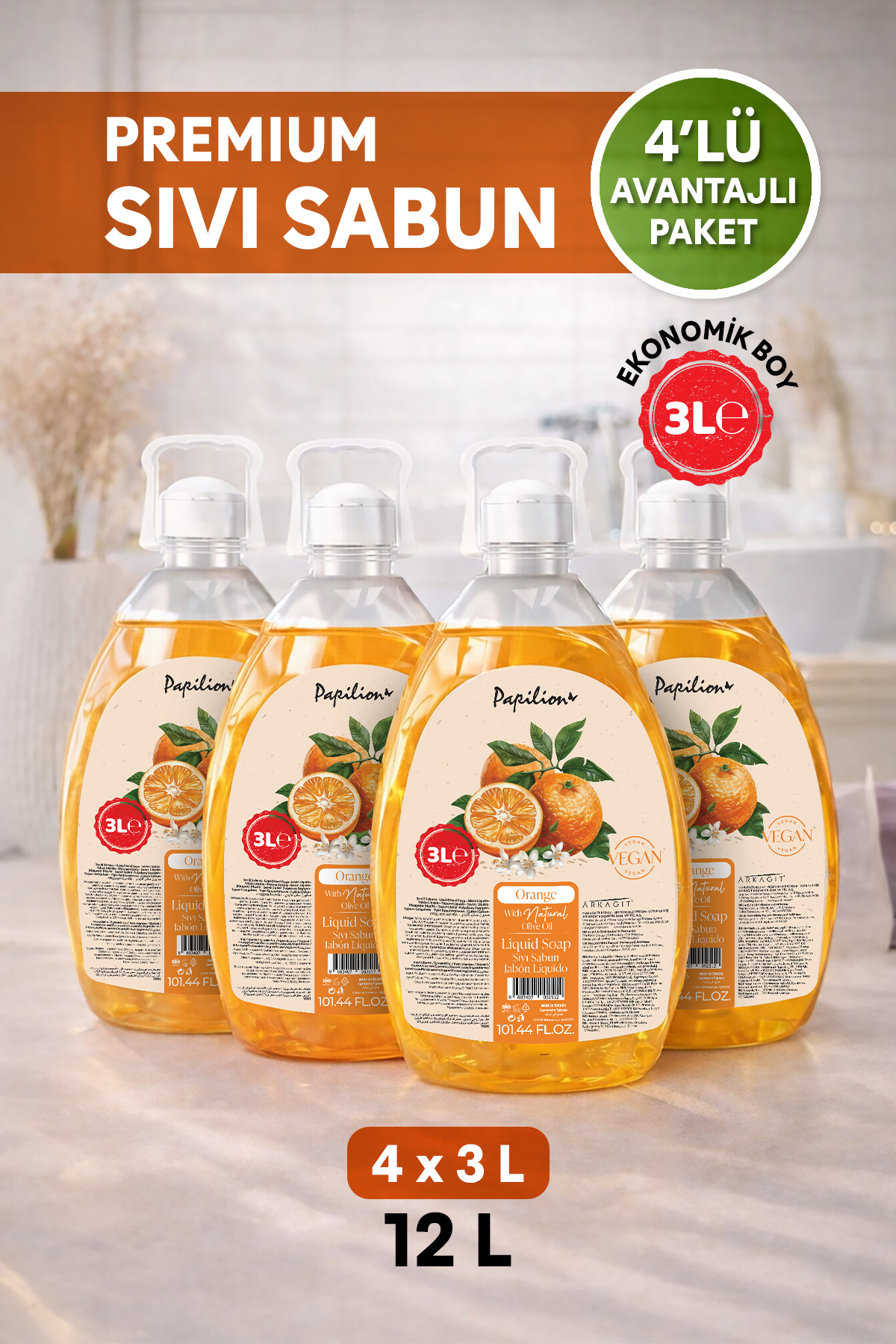 Papilion Portakal Özlü Doğal Zeytinyağlı Vegan Sıvı Sabun 4 lü Avantaj Paketi 4x3000 ml - Fiyatı, Yorumları