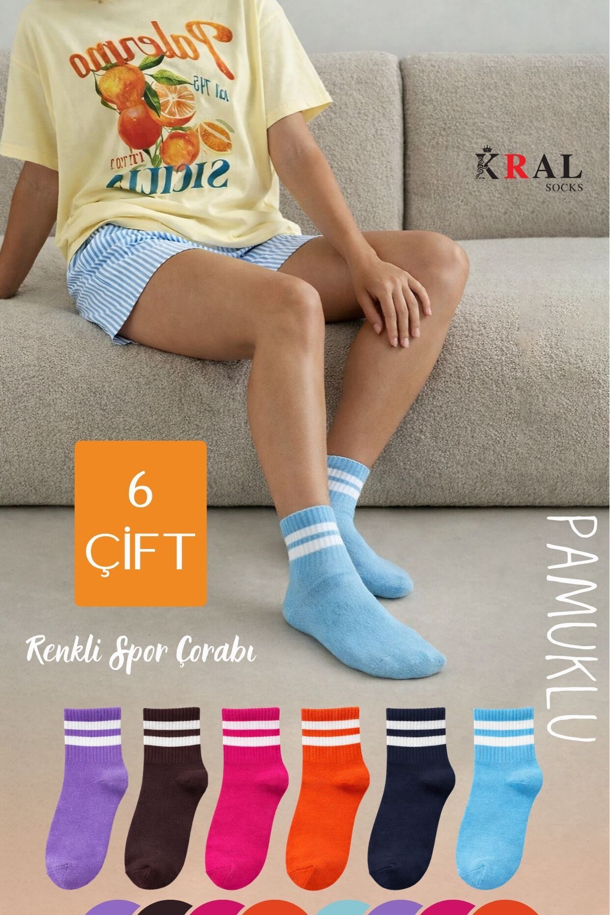 KRAL SOCKS 6 Çift Unisex Pamuklu Soft Renkli Tenis Çorap