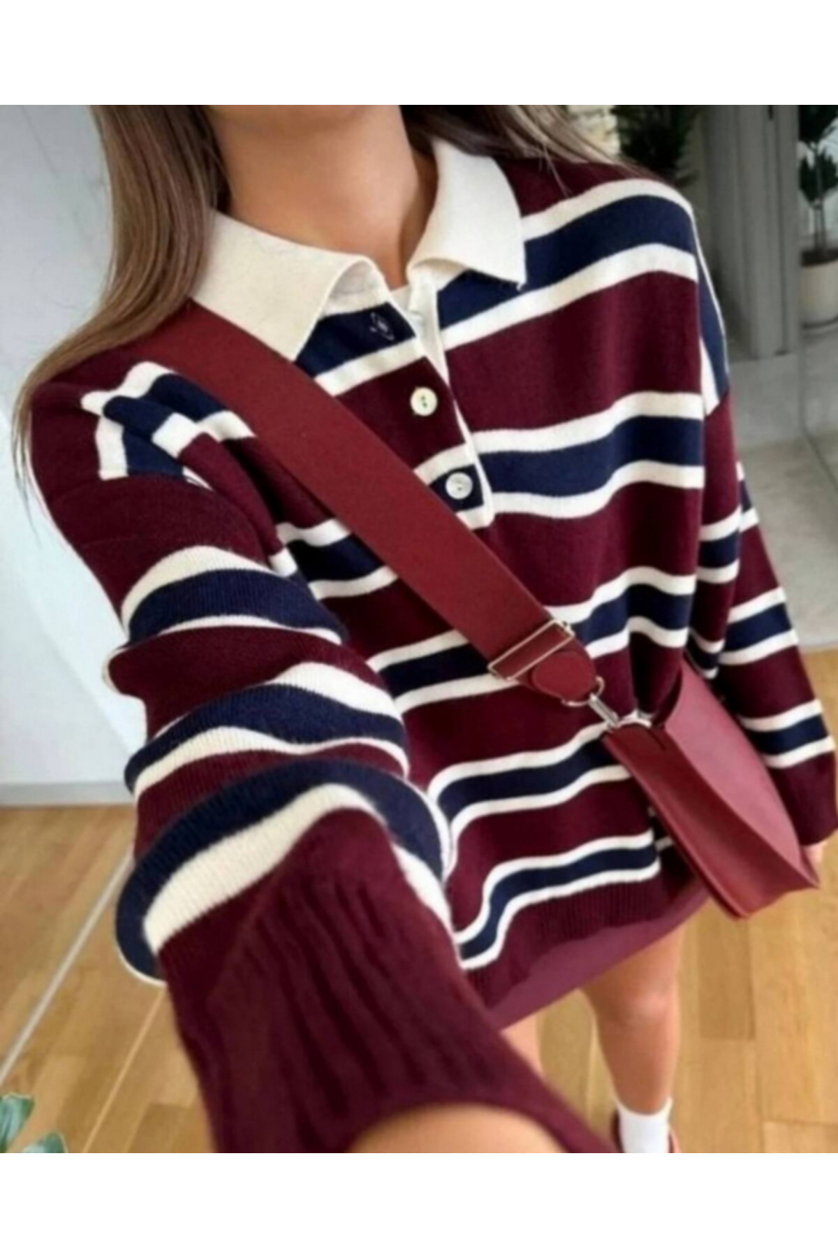 MODASPARK  Bordo Çizgili Polo Yaka Düğmeli Kadın Triko Kazak - Görsel 3