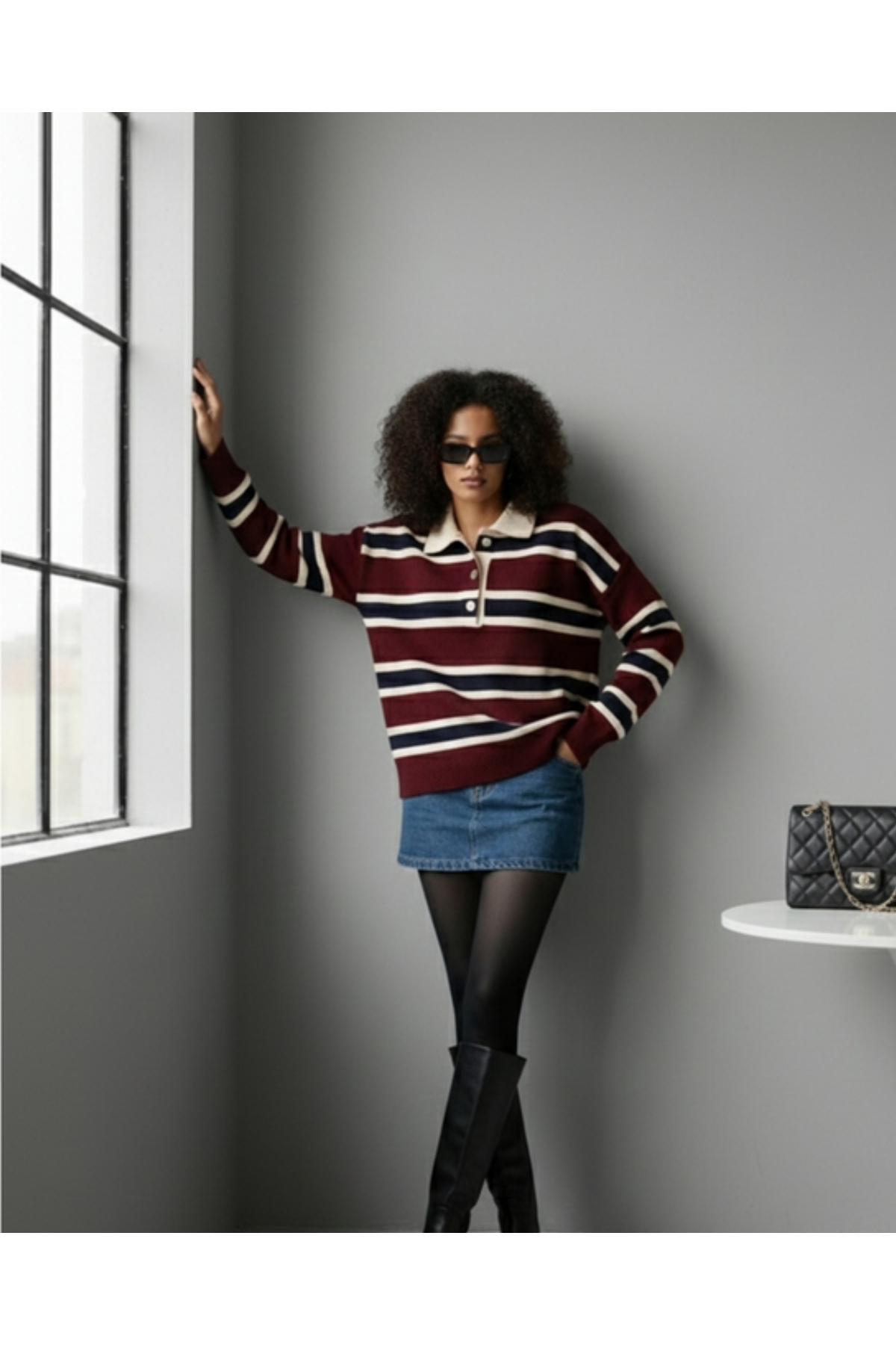 MODASPARK  Bordo Çizgili Polo Yaka Düğmeli Kadın Triko Kazak - Görsel 4