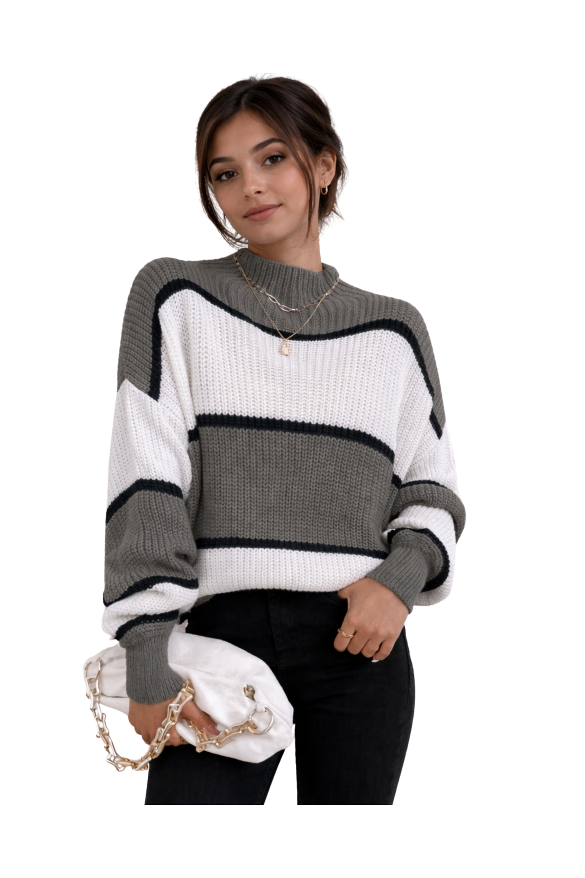 MODASPARK Gri Beyaz Yarım Balıkçı Oversize Kadın Triko Kazak
