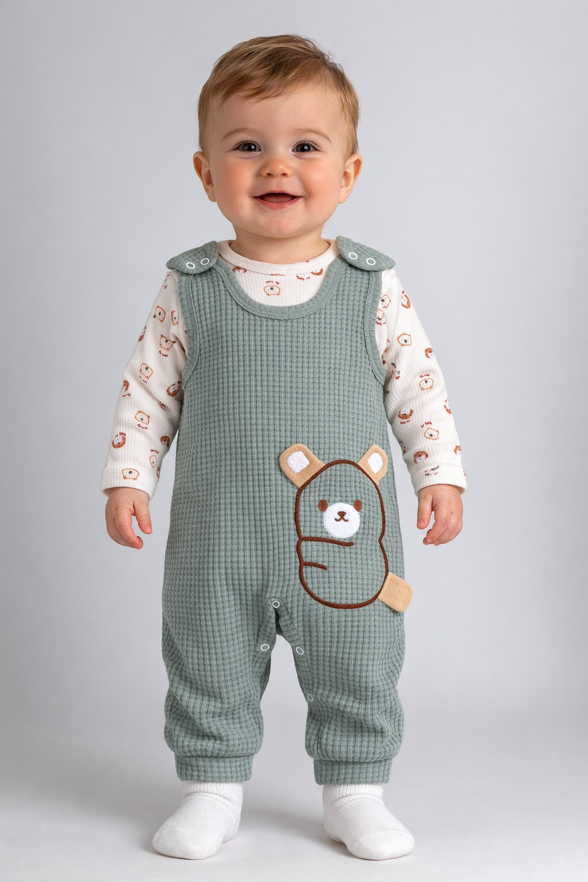 Bear Embroidered Baby Boy Rompers 3-Piece Jumpsuit Set – Bodysuit, Jumpsuit and Socks | 3-6-9 Months Baby Clothes
