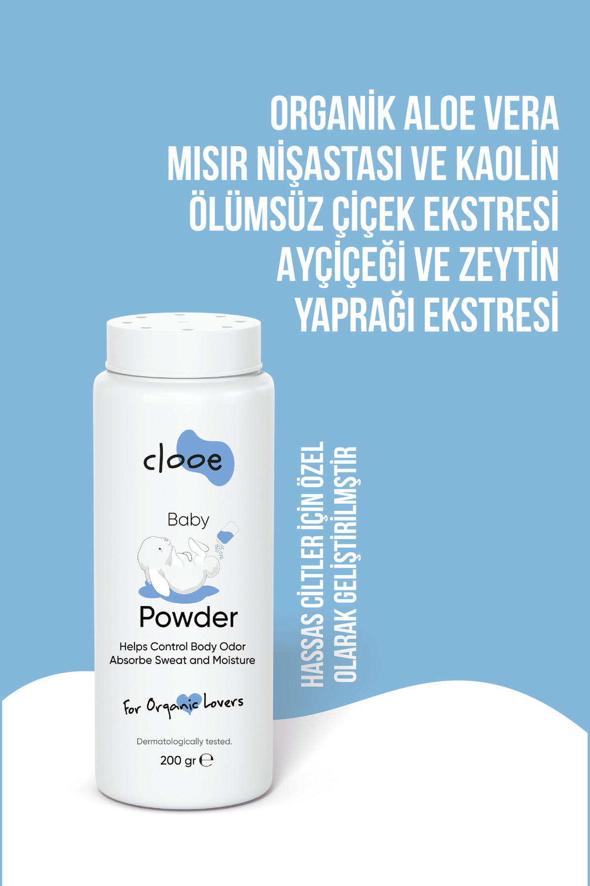 clooe Organik Bebek Pudrası (200GR) Organik Sertifikalı Ferahlatıcı Etki Hassas Ciltlere Özel Talk İçermez fotoğrafı 3 (önizleme)