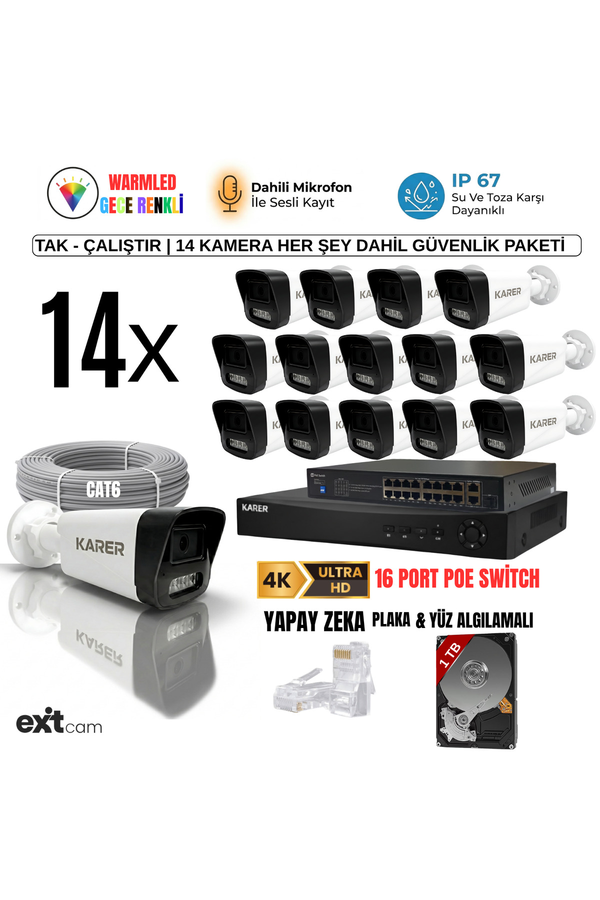 EXİTCAM 14 Kameralı 5MP IP PoE Güvenlik Seti – 16 Kanal NVR, 1 TB HDD, Sesli Kayıt, Renkli Gece Görü