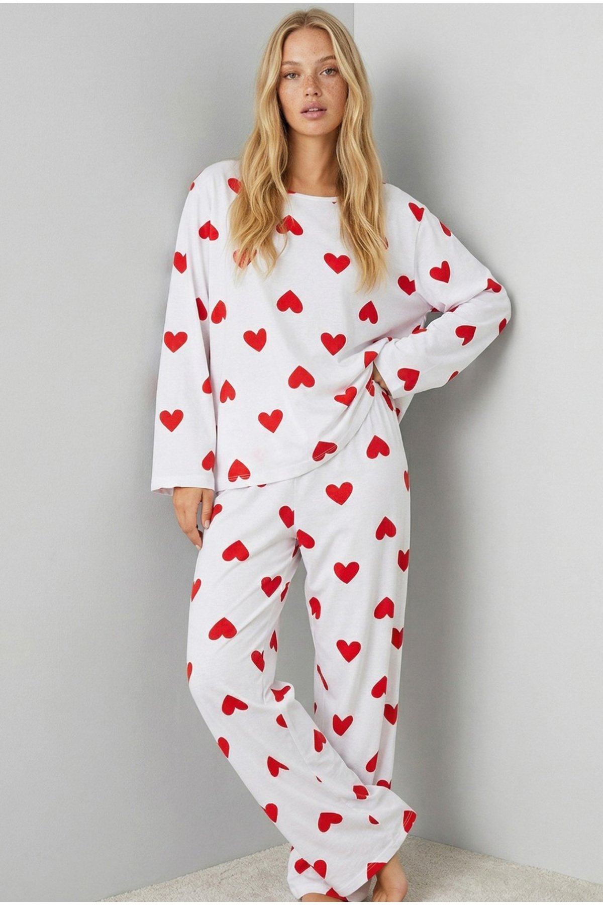 Siyah İnci beyaz kırmızı kalp baskılı Örme Pamuklu Pijama Takımı7613 görsel 2
