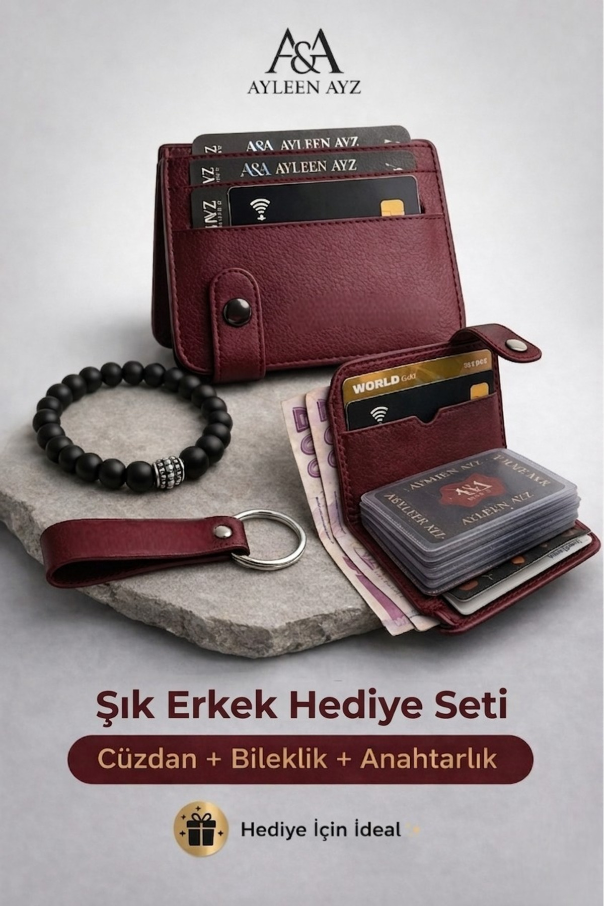 Men's Card Holder Wallet Bracelet and Keychain Gift Set (with Gift Box)