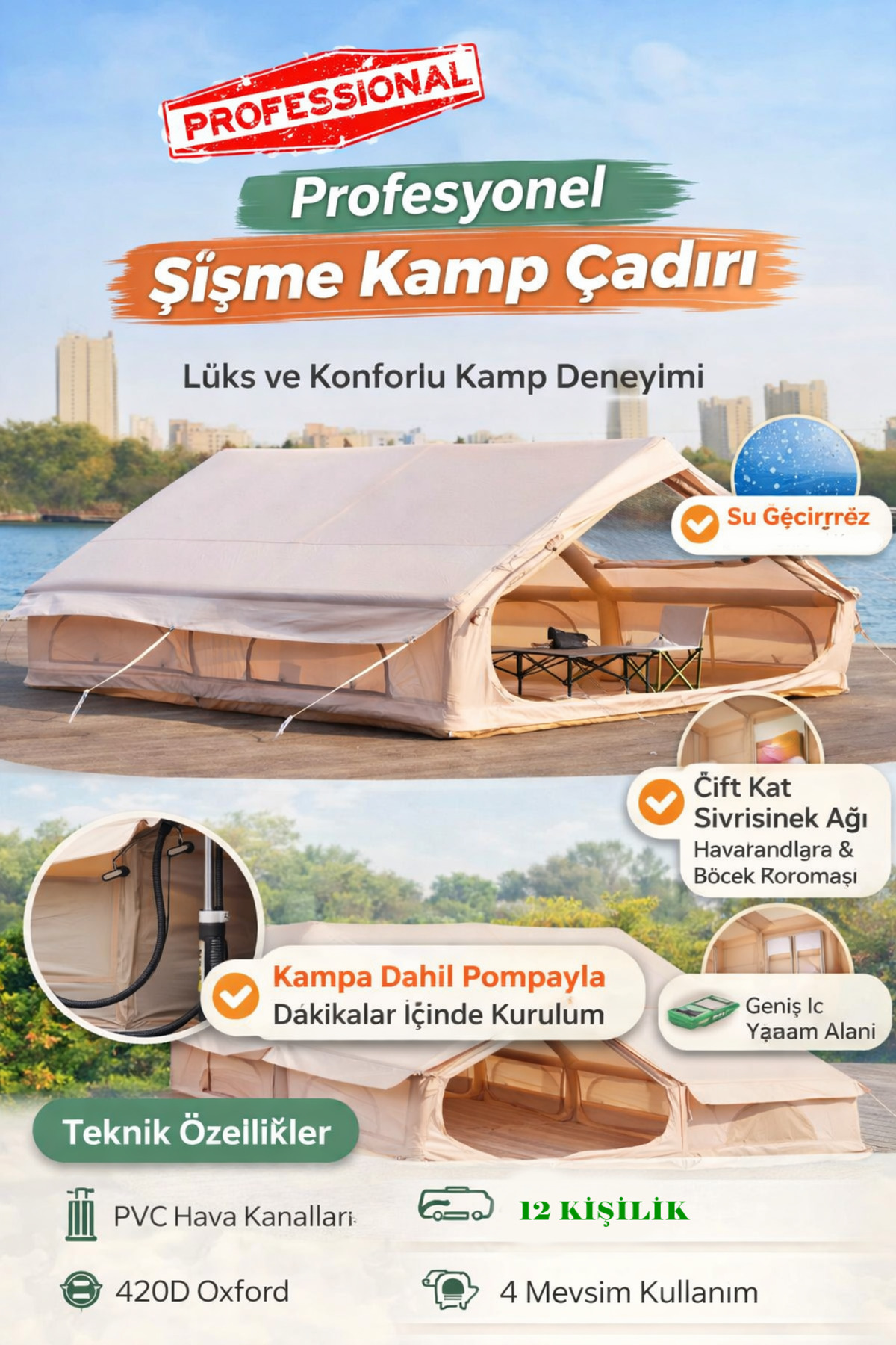 INFLATABLE Camping Tent for 12 People 4 Seasons Sea Tent with Oxford Fabric Shotgun