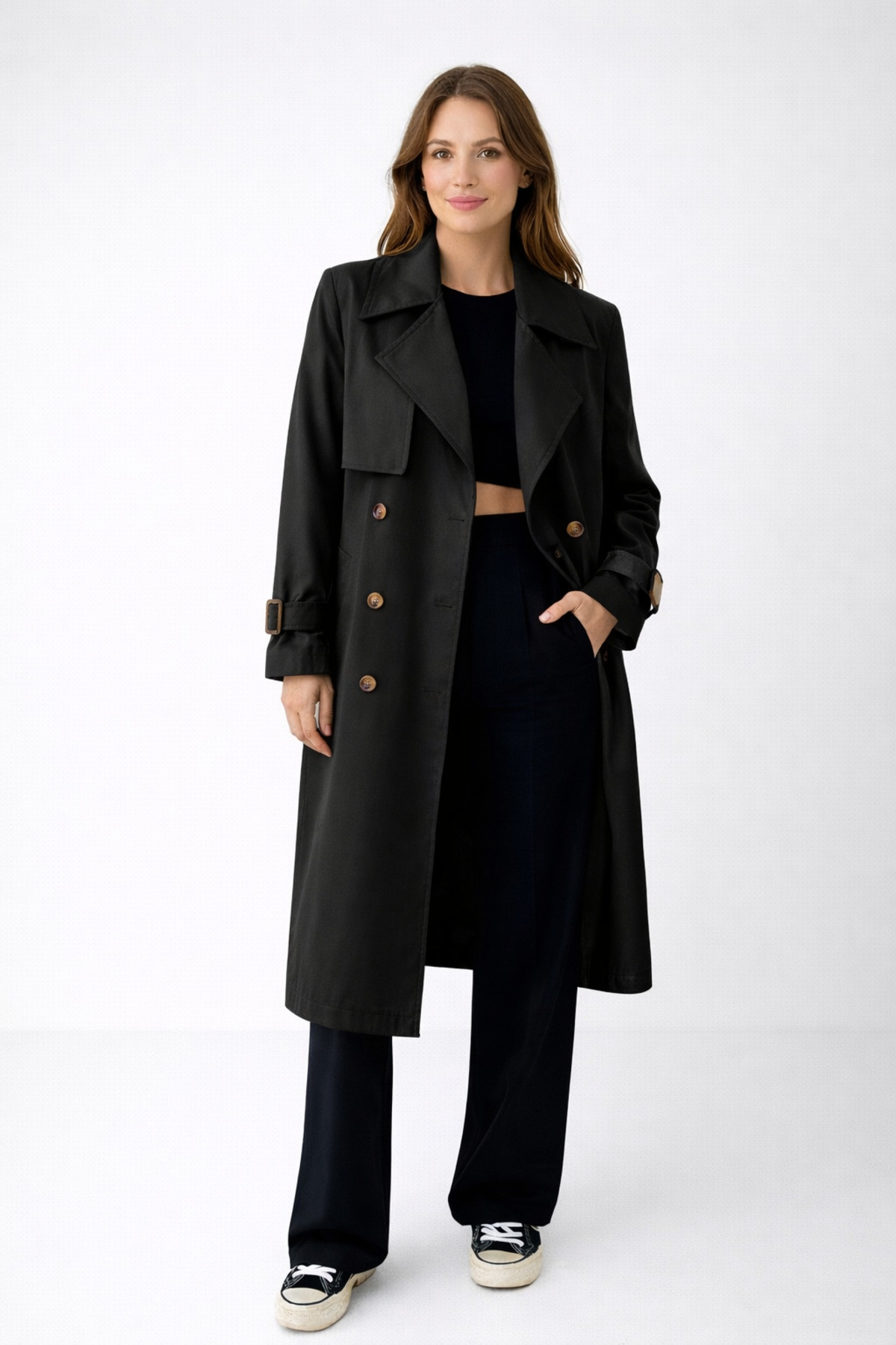 PENGORA  Kadın Siyah Uzun Trençkot Kuşaklı Düğmeli Kol Kemerli Su ve Rüzgar Geçirmez Şık Dış Giyim - Görsel 5